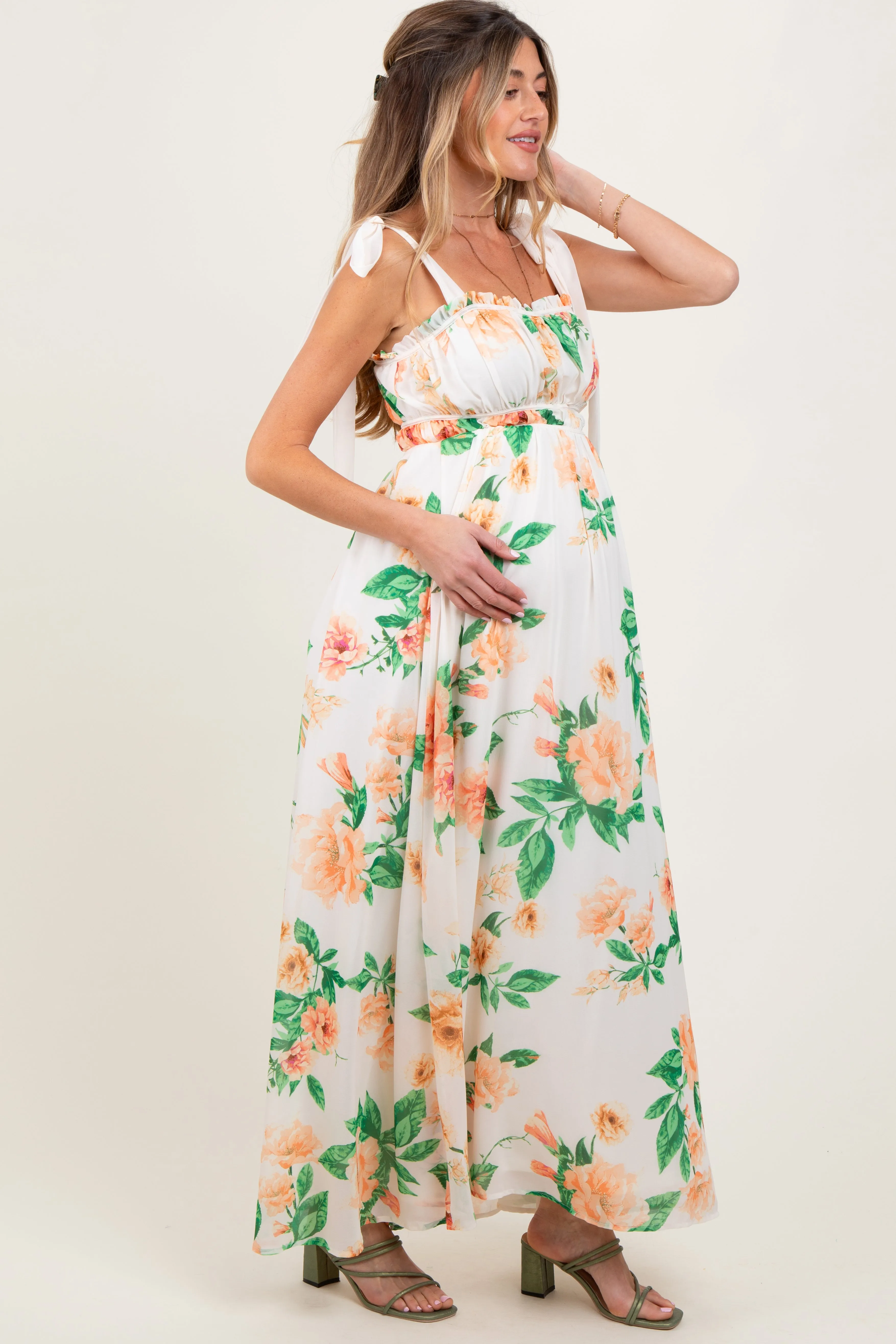 Peach Tropical Floral Shoulder Tie Maternity Maxi Dress sold by Pinkblush product image thumbnail 2
