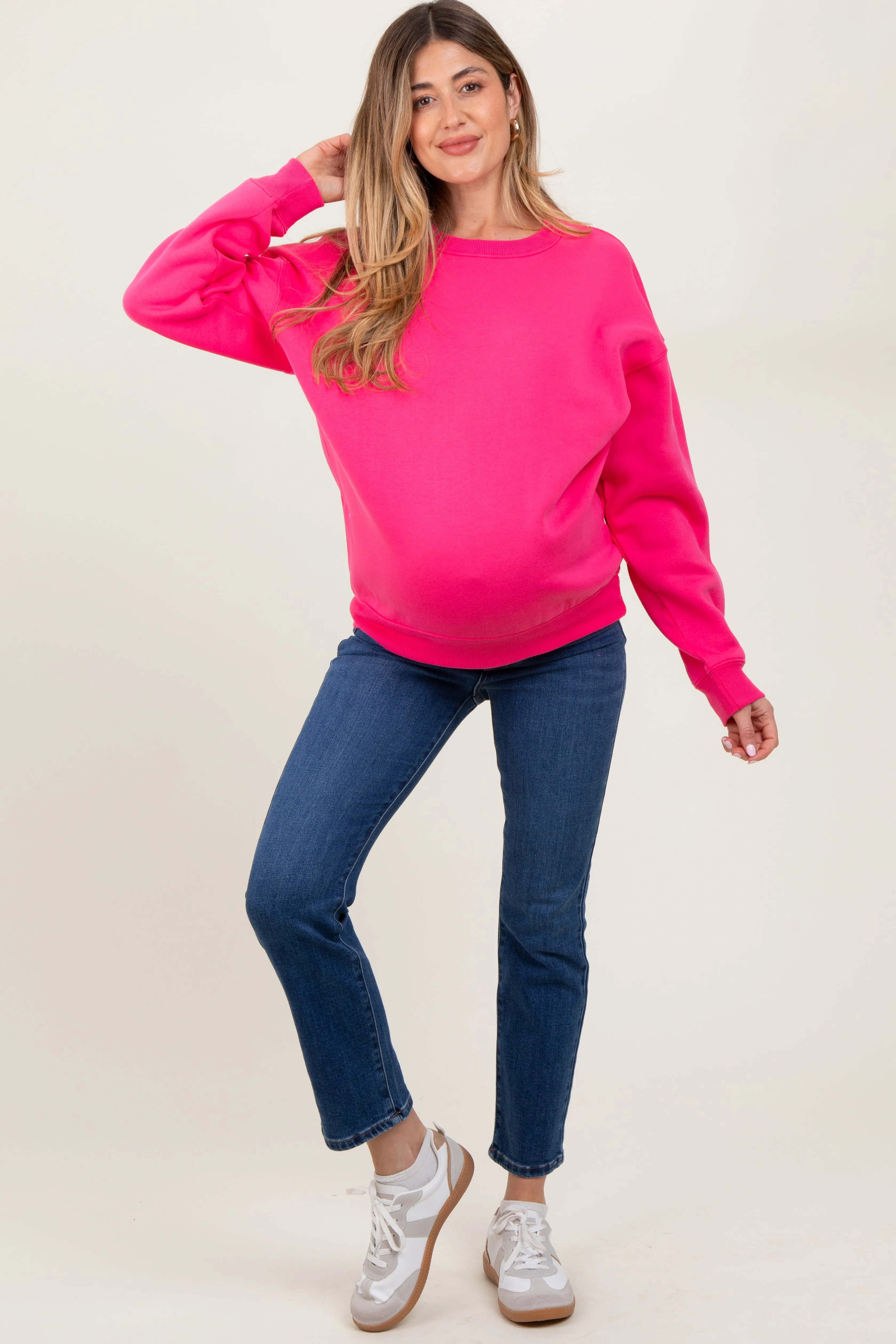 Fuchsia Basic Fleece Crewneck Maternity Sweatshirt sold by Pinkblush product image thumbnail 2