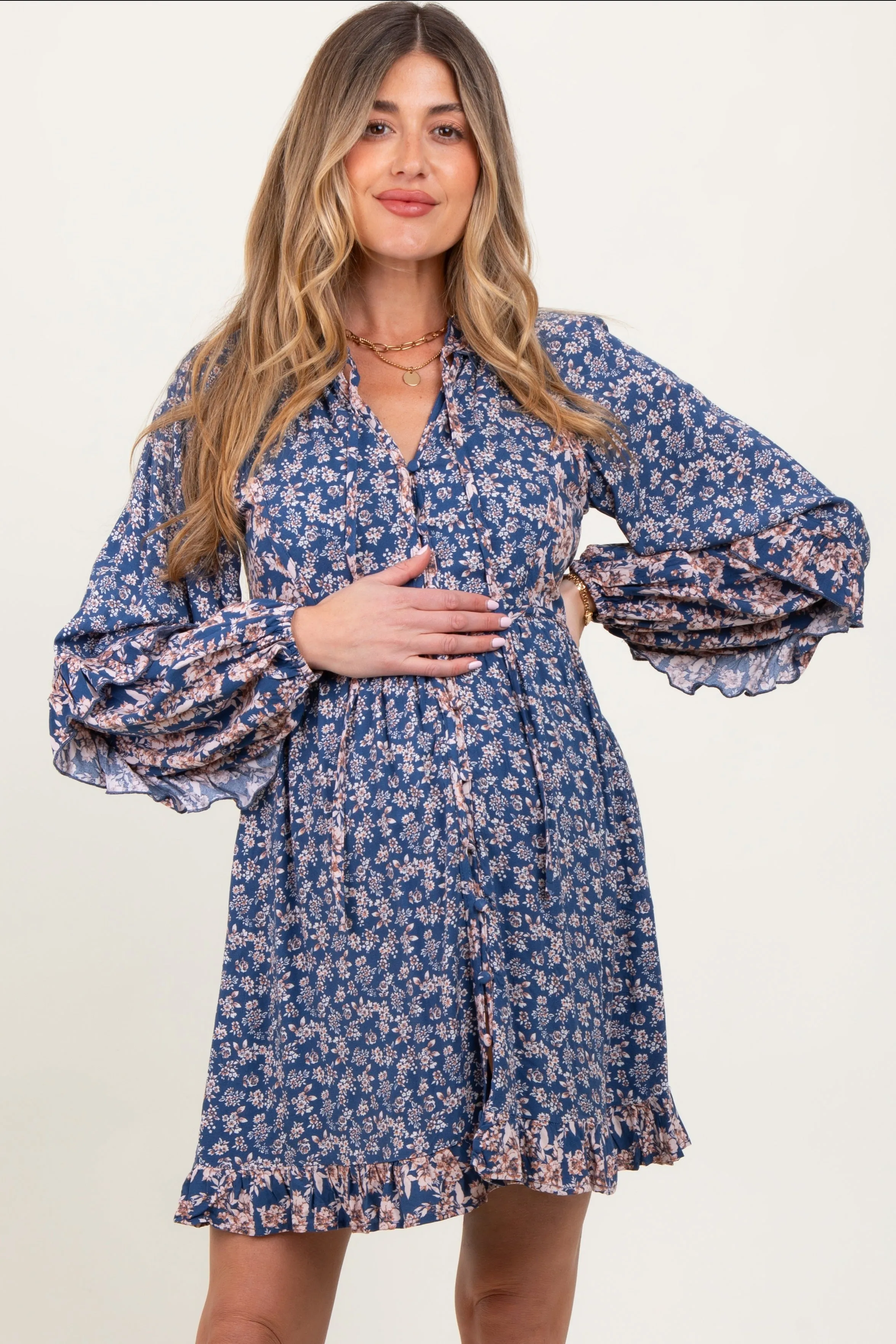 Navy Mixed Floral Tie Front Ruffle Accent Maternity Dress sold by Pinkblush product image thumbnail 2