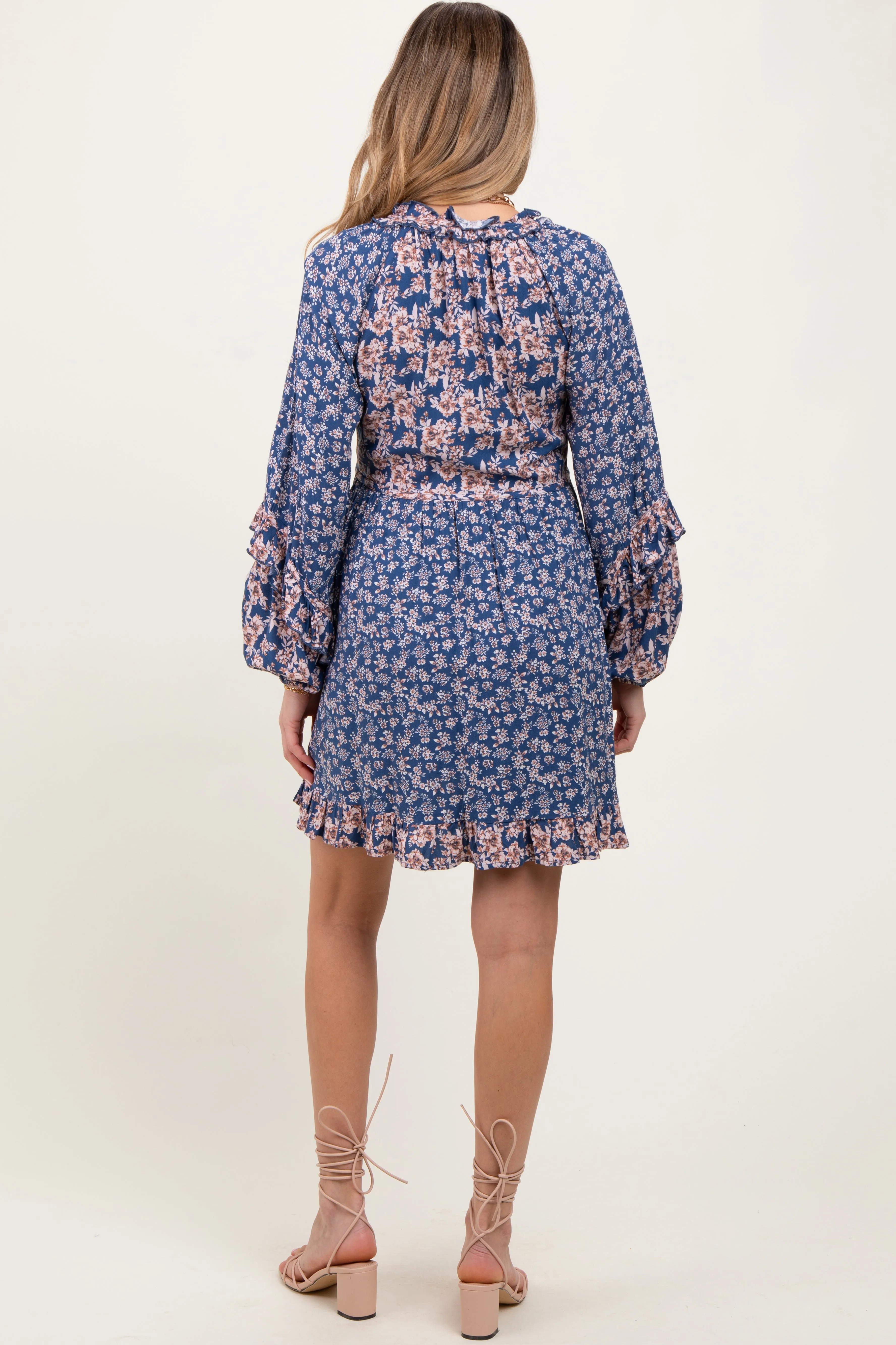 Navy Mixed Floral Tie Front Ruffle Accent Maternity Dress sold by Pinkblush product image thumbnail 4