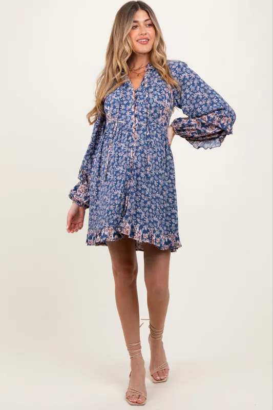 Navy Mixed Floral Tie Front Ruffle Accent Maternity Dress sold by Pinkblush