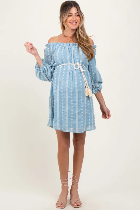 Light Blue Embroidered Off Shoulder Maternity Dress sold by Pinkblush