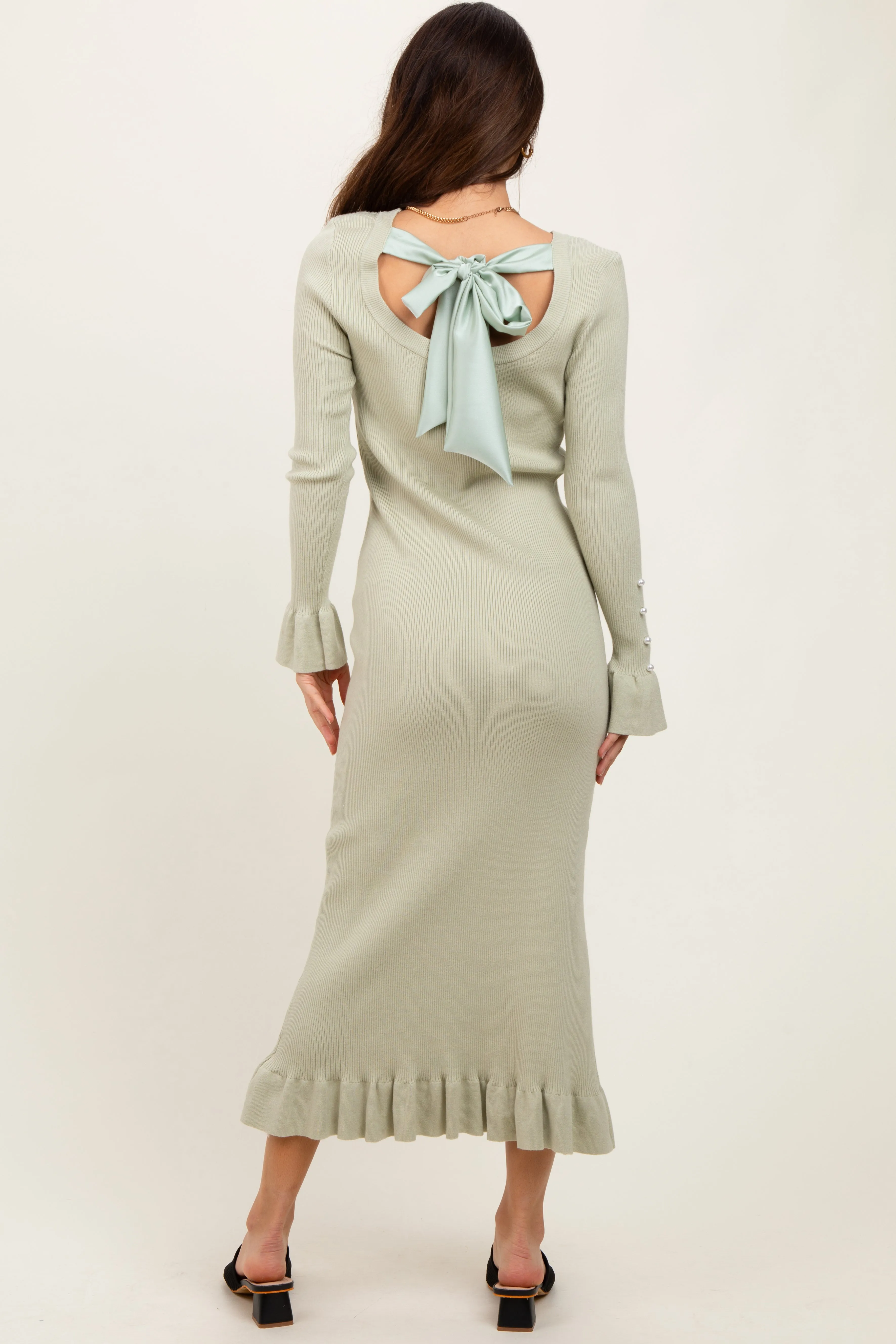 Light Olive Ribbed Knit Bow Back Maxi Dress sold by Pinkblush product image thumbnail 3