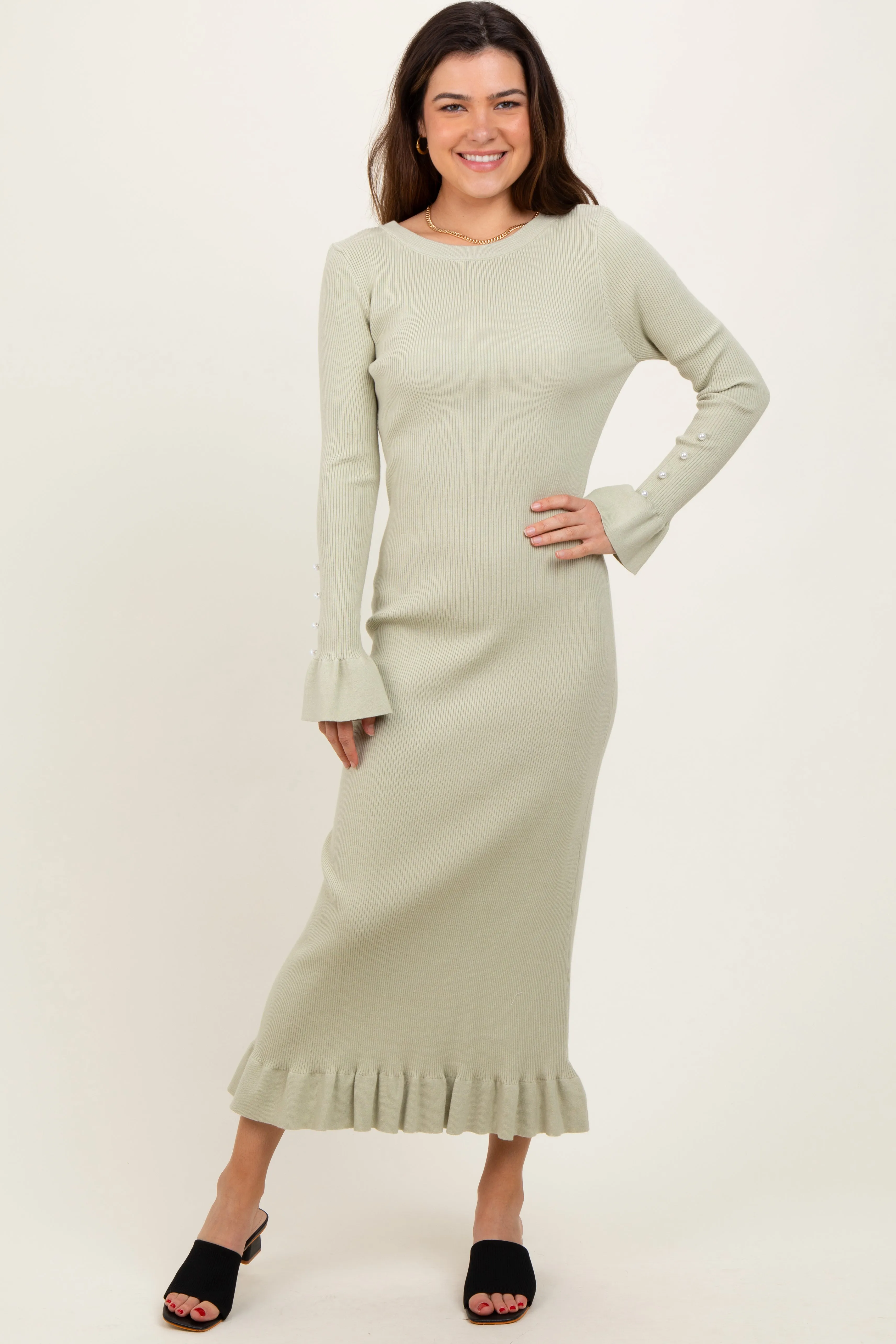 Light Olive Ribbed Knit Bow Back Maxi Dress sold by Pinkblush