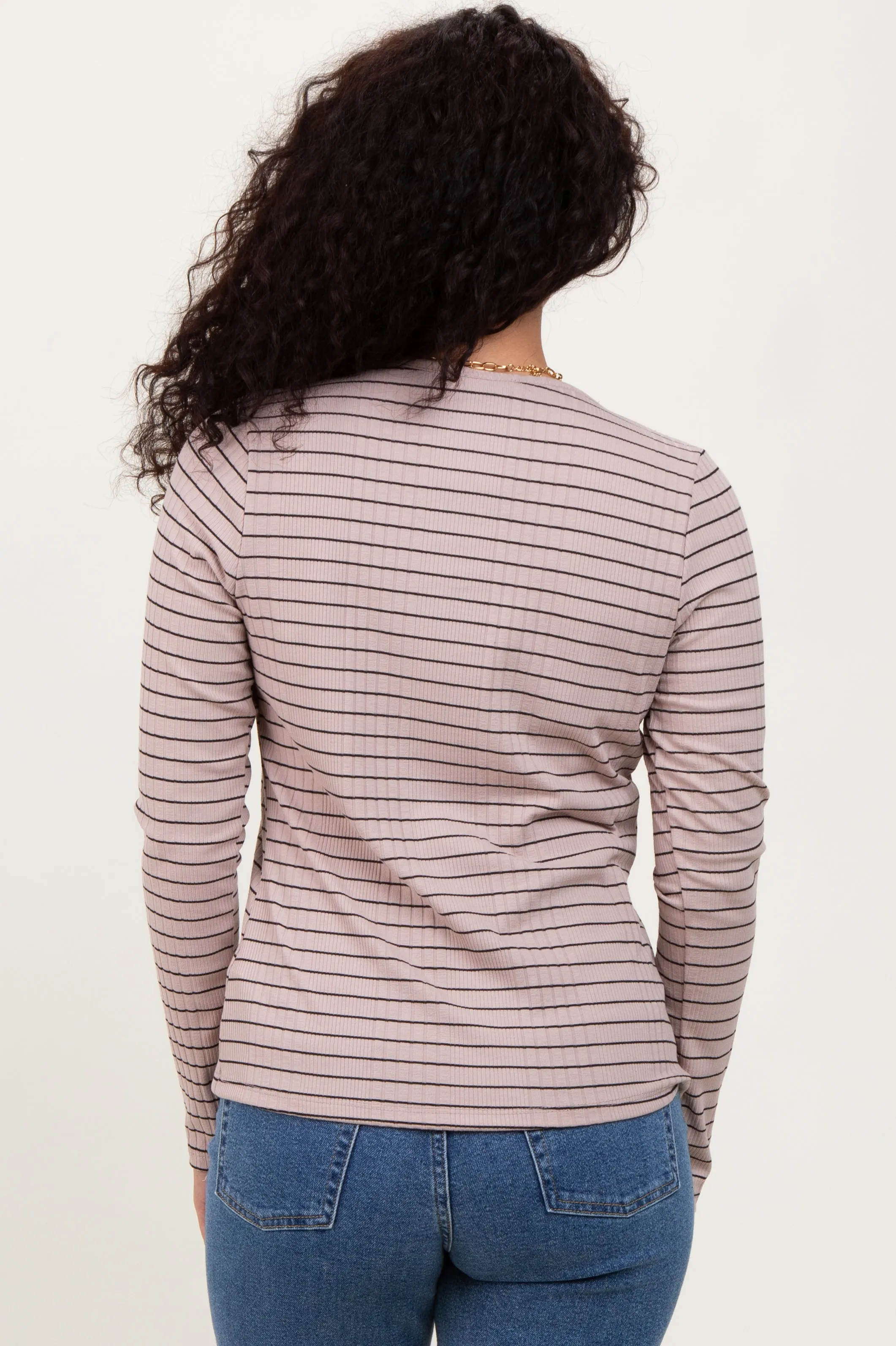 Mocha Striped Ribbed Long Sleeve Lace Detail Button Down Cardigan sold by Pinkblush product image thumbnail 4