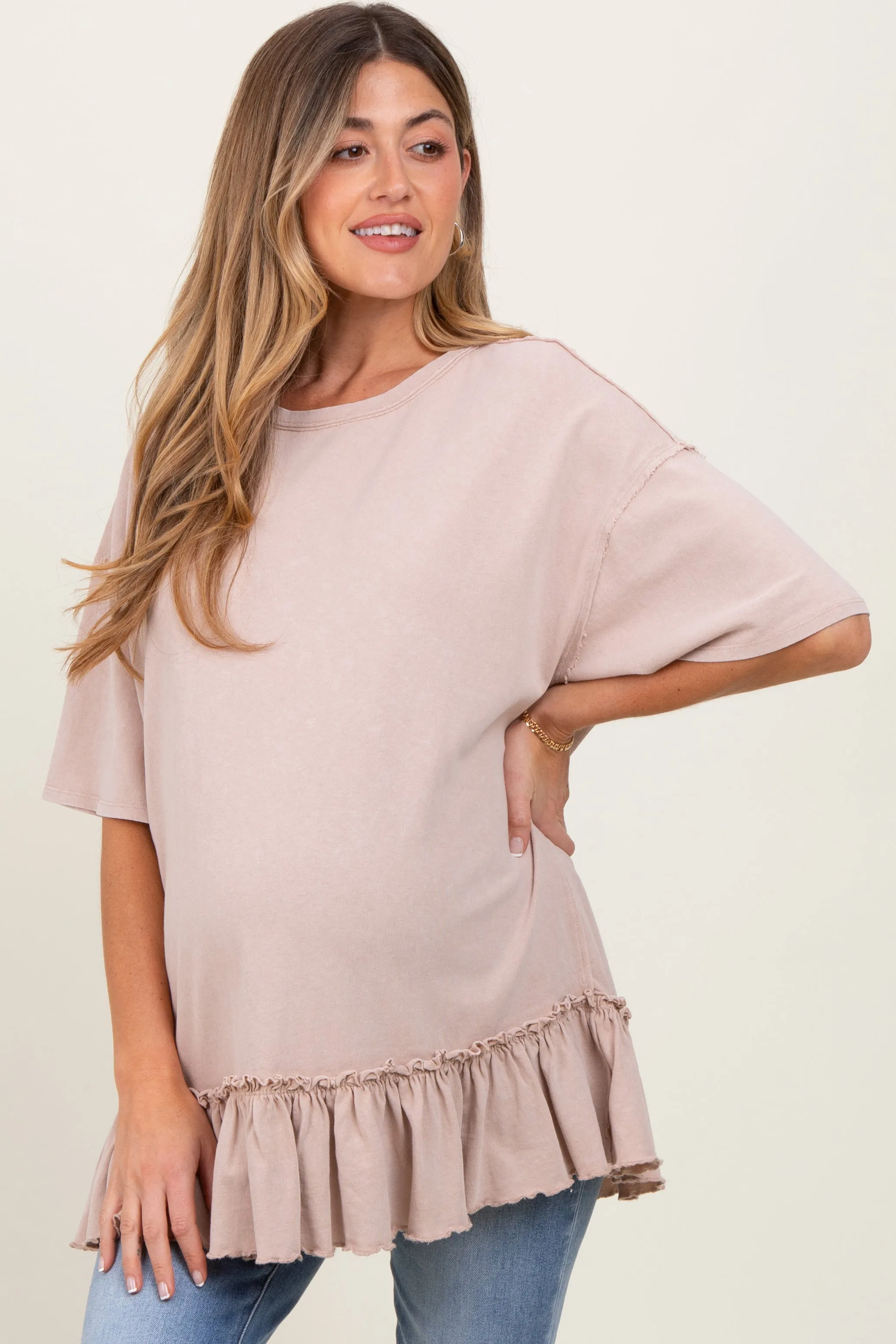 Taupe Relaxed Ruffled Tunic Maternity Top sold by Pinkblush