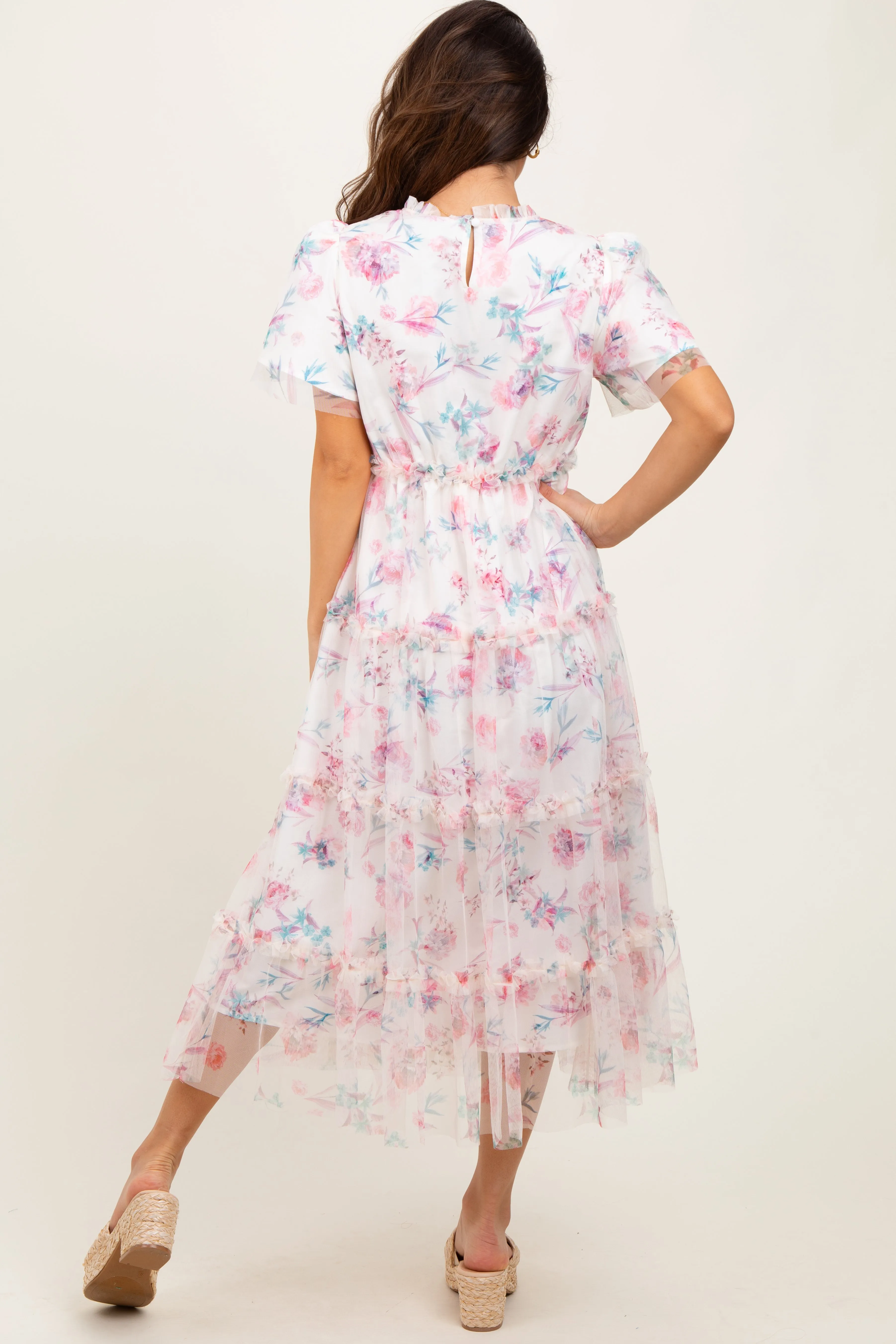 Ivory Floral Mesh Ruffle Tiered Midi Dress sold by Pinkblush product image thumbnail 4