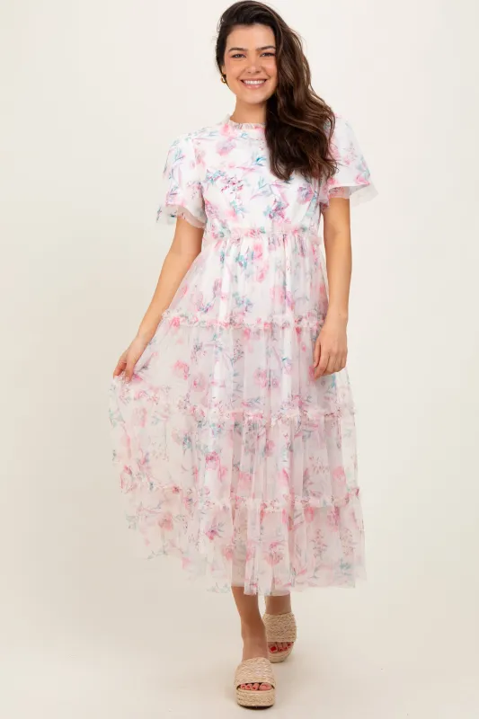 Ivory Floral Mesh Ruffle Tiered Midi Dress sold by Pinkblush