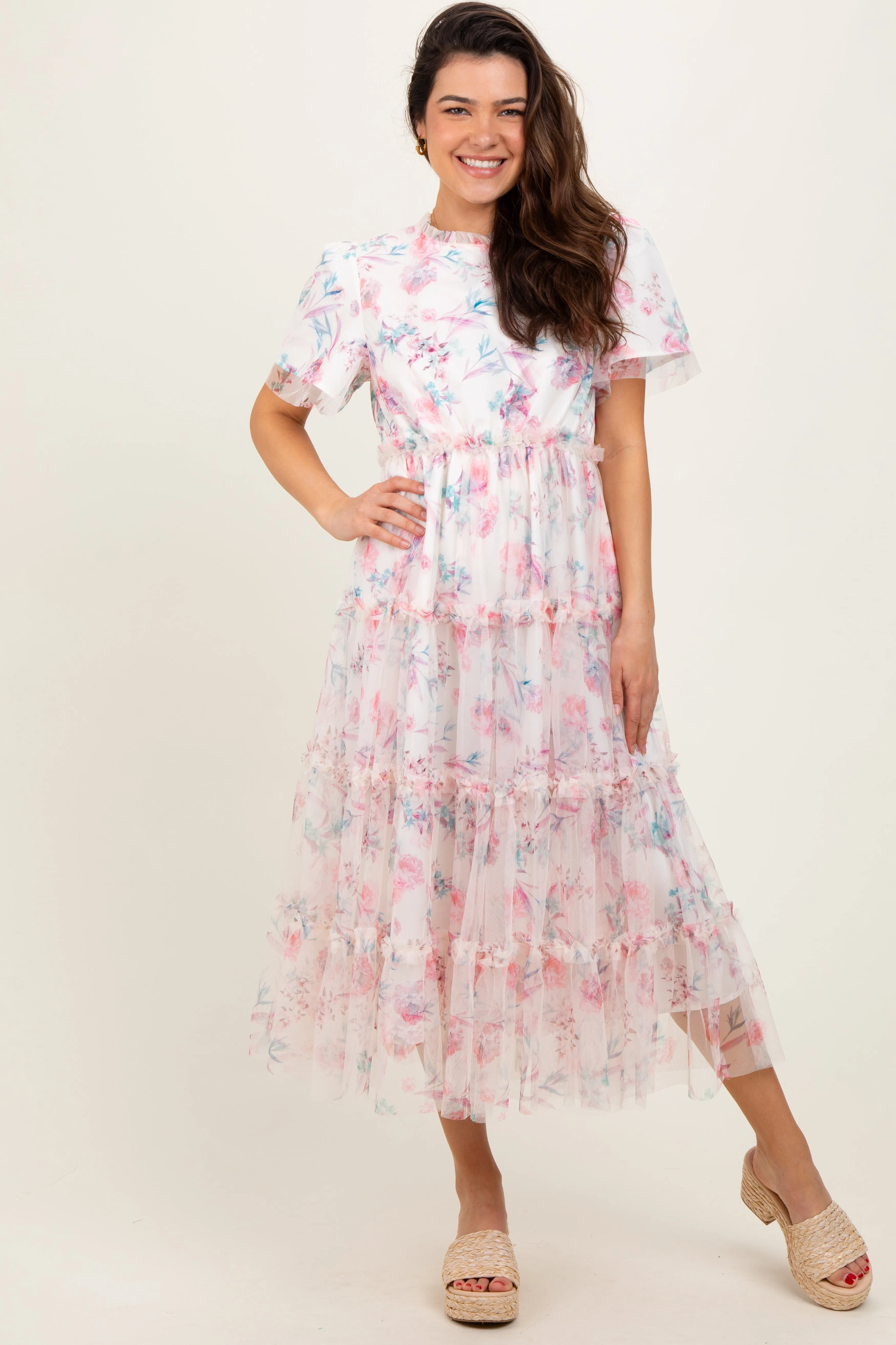 Ivory Floral Mesh Ruffle Tiered Midi Dress sold by Pinkblush product image thumbnail 2