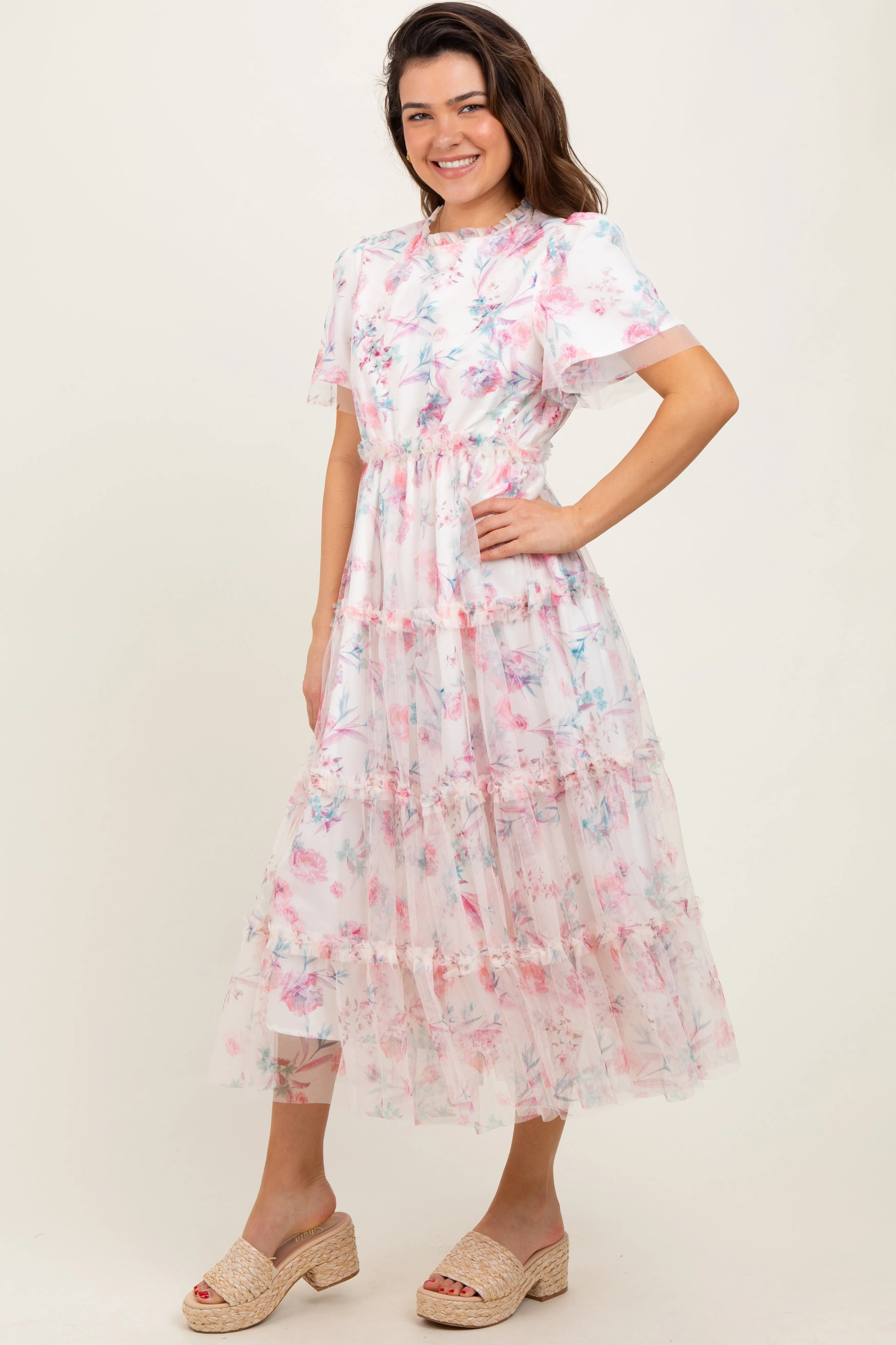 Ivory Floral Mesh Ruffle Tiered Midi Dress sold by Pinkblush product image thumbnail 3