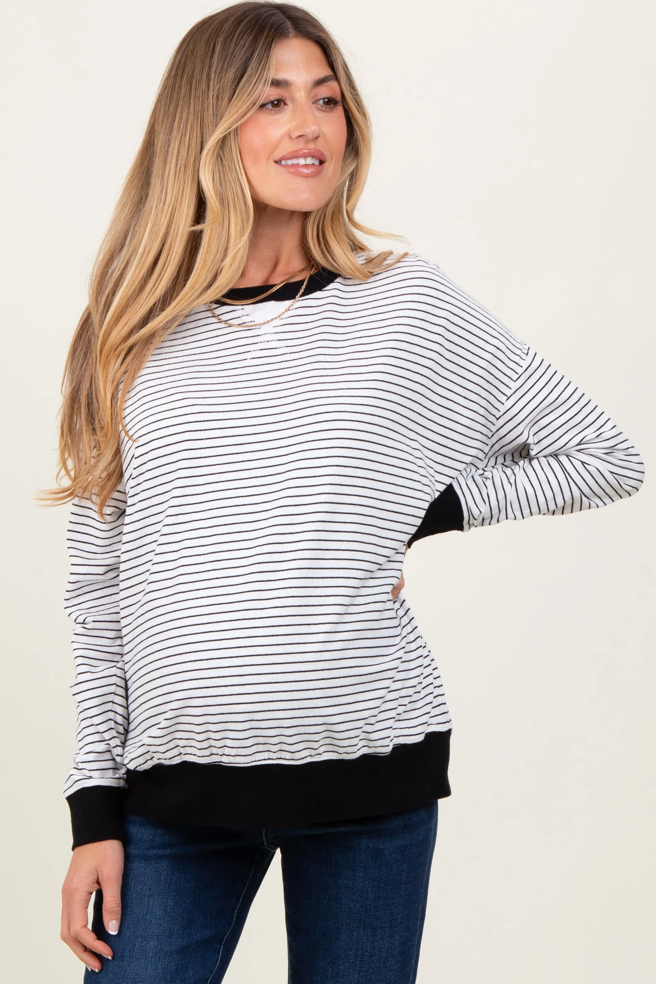White Striped Oversized Crewneck Maternity Pullover sold by Pinkblush