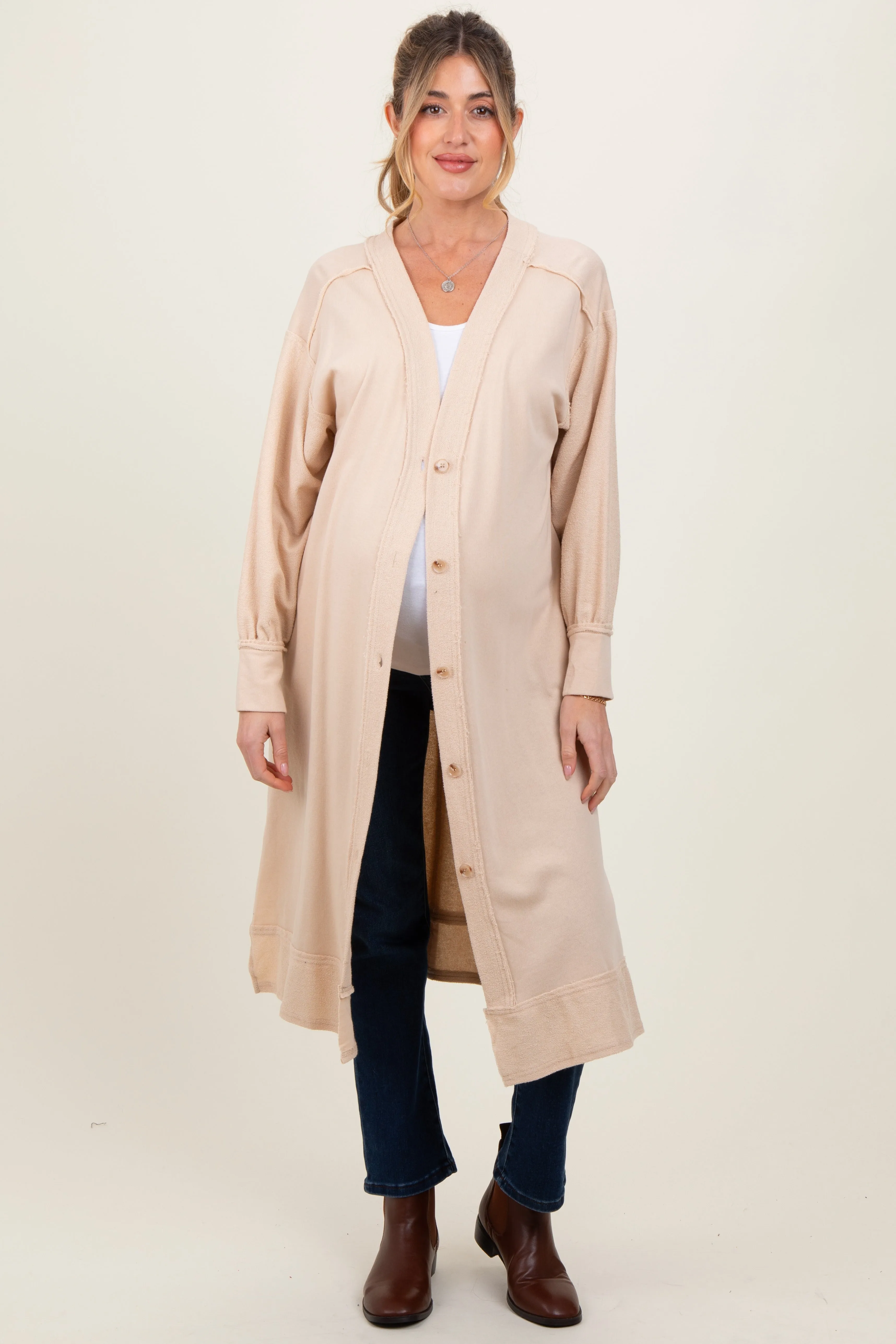 Cream Button Down Long Maternity Cardigan sold by Pinkblush product image thumbnail 2