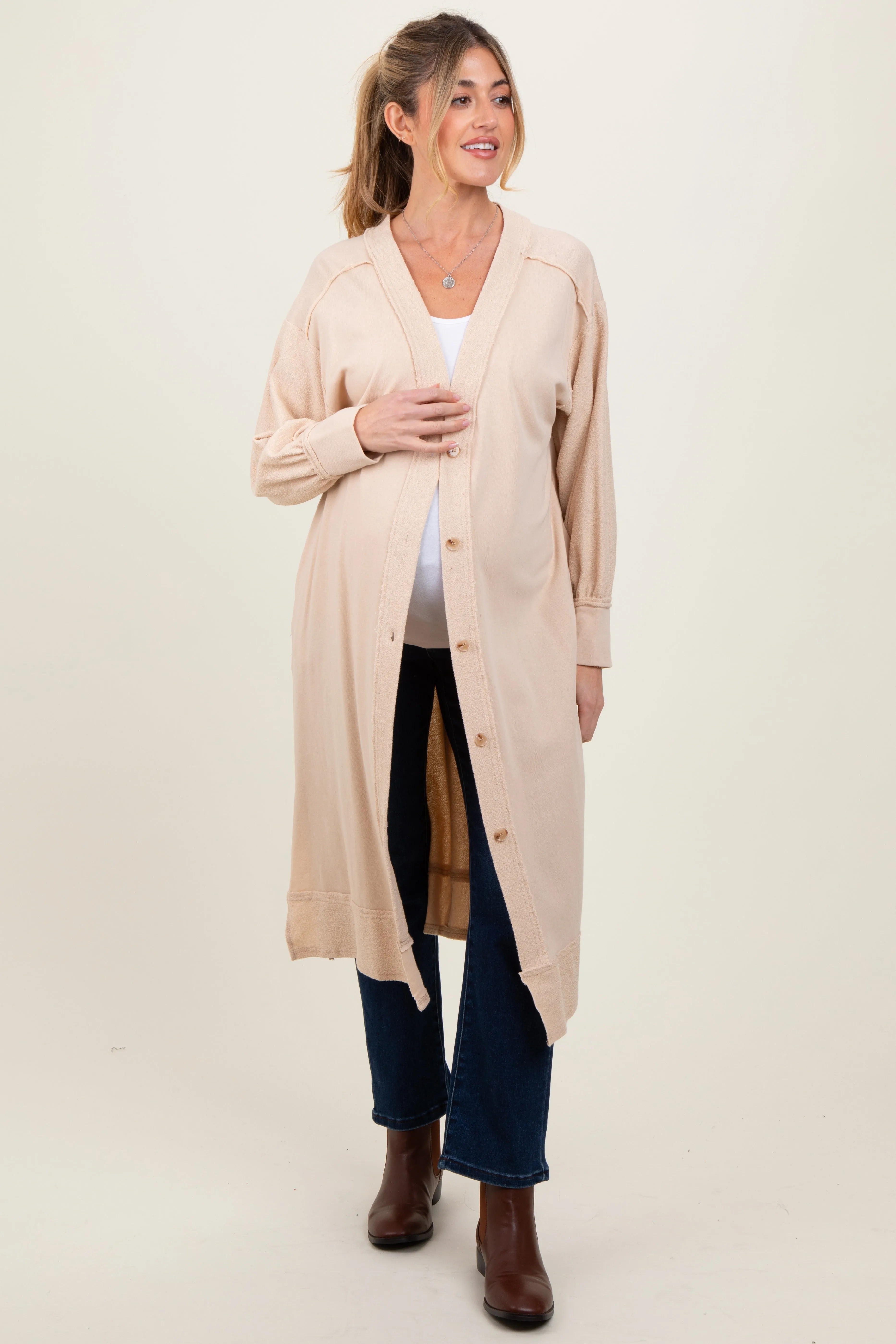 Cream Button Down Long Maternity Cardigan sold by Pinkblush