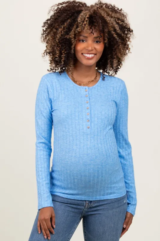 Blue Ribbed Knit Button Long Sleeve Maternity Top sold by Pinkblush