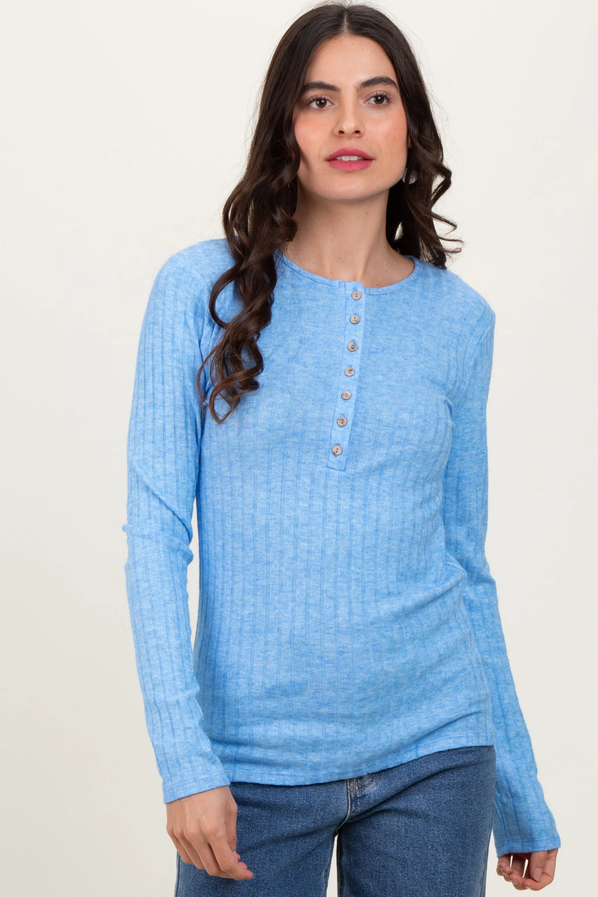 Blue Ribbed Knit Button Long Sleeve Maternity Top sold by Pinkblush product image thumbnail 5