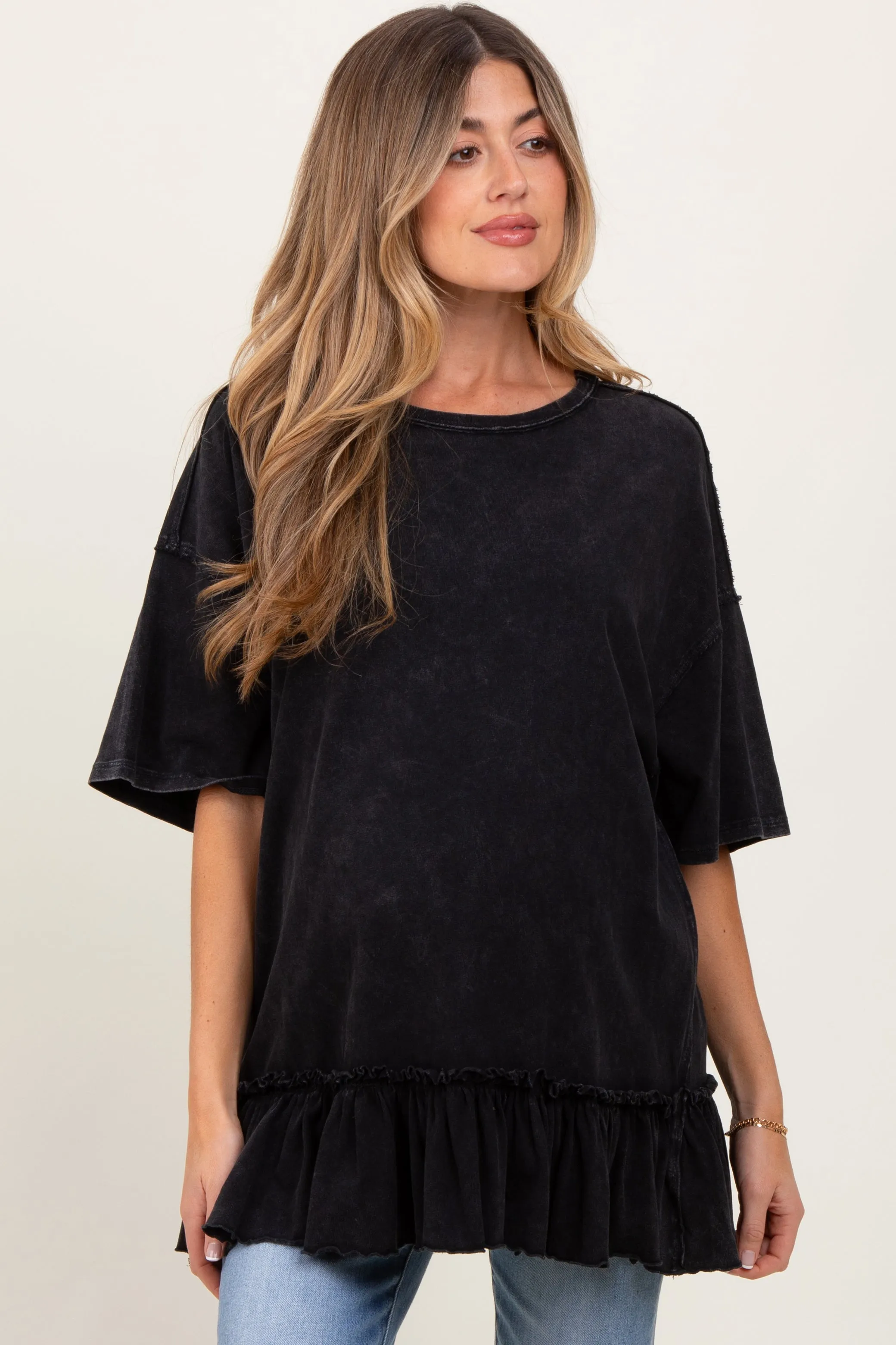 Black Relaxed Ruffled Tunic Maternity Top sold by Pinkblush