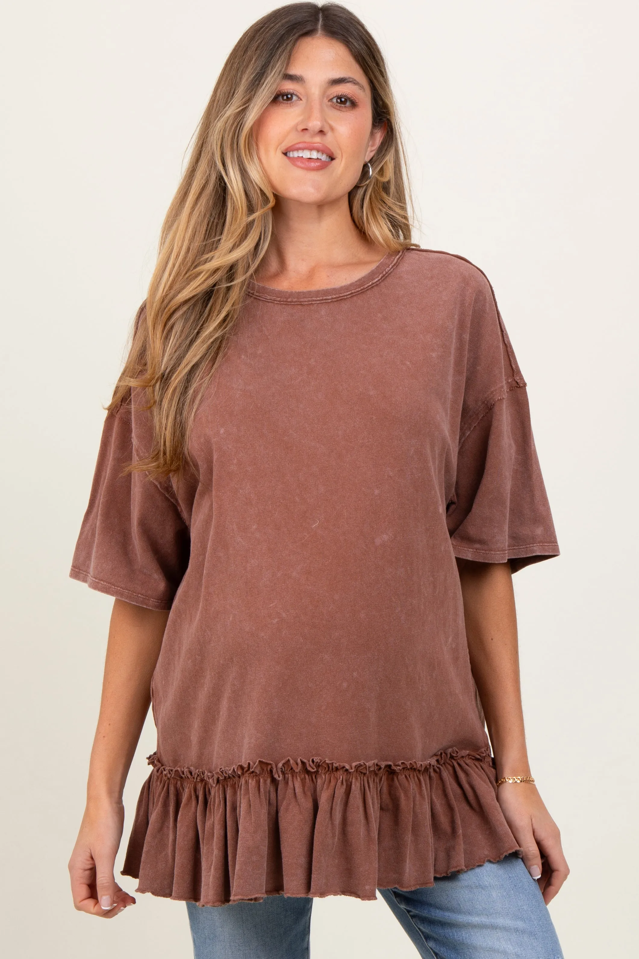 Rust Relaxed Ruffled Tunic Maternity Top sold by Pinkblush