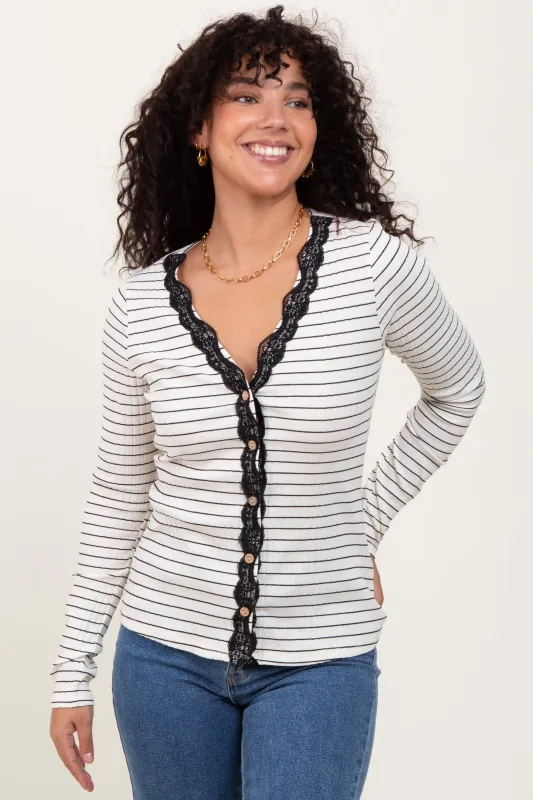 Ivory Striped Ribbed Long Sleeve Lace Detail Button Down Cardigan sold by Pinkblush