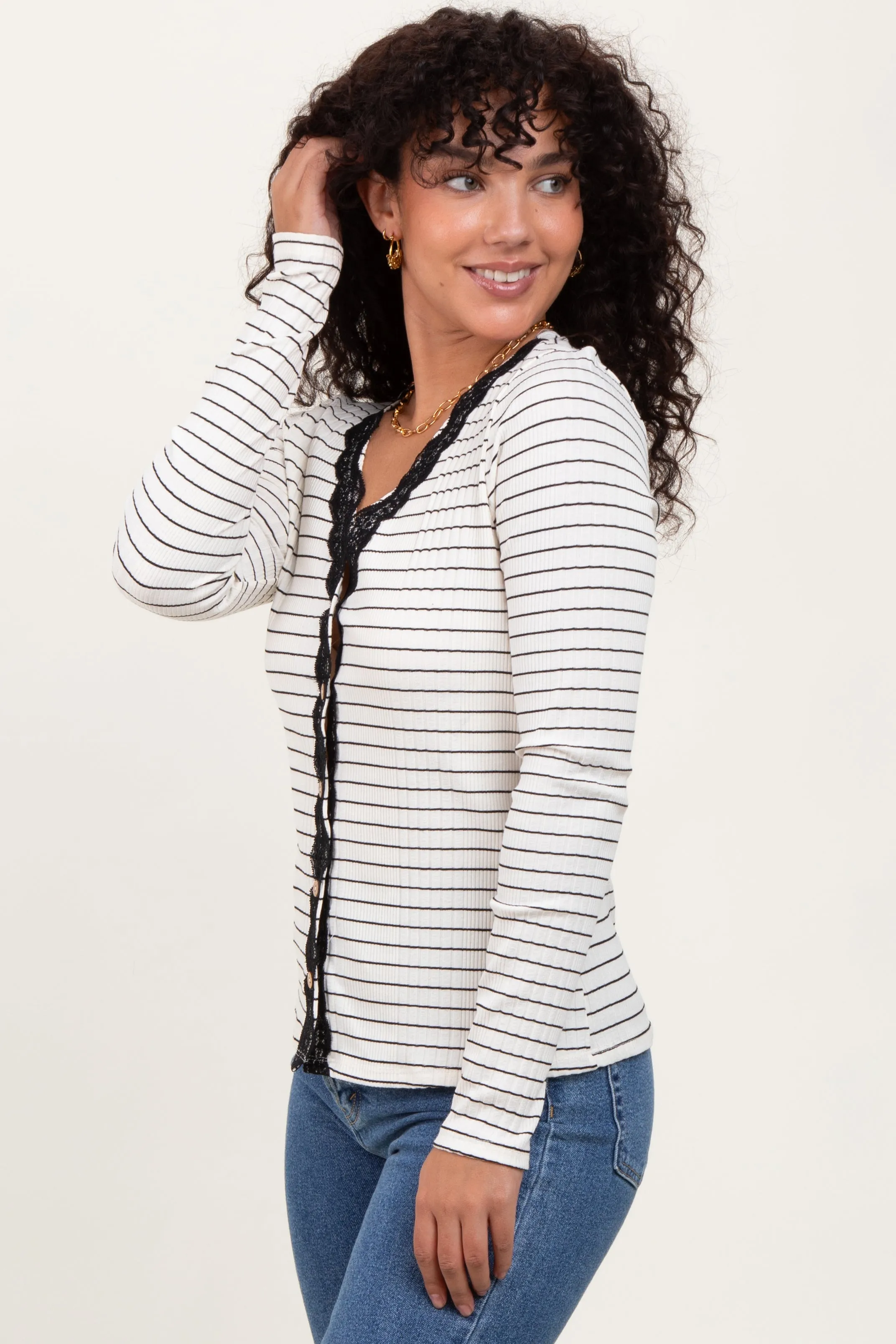 Ivory Striped Ribbed Long Sleeve Lace Detail Button Down Cardigan sold by Pinkblush product image thumbnail 3