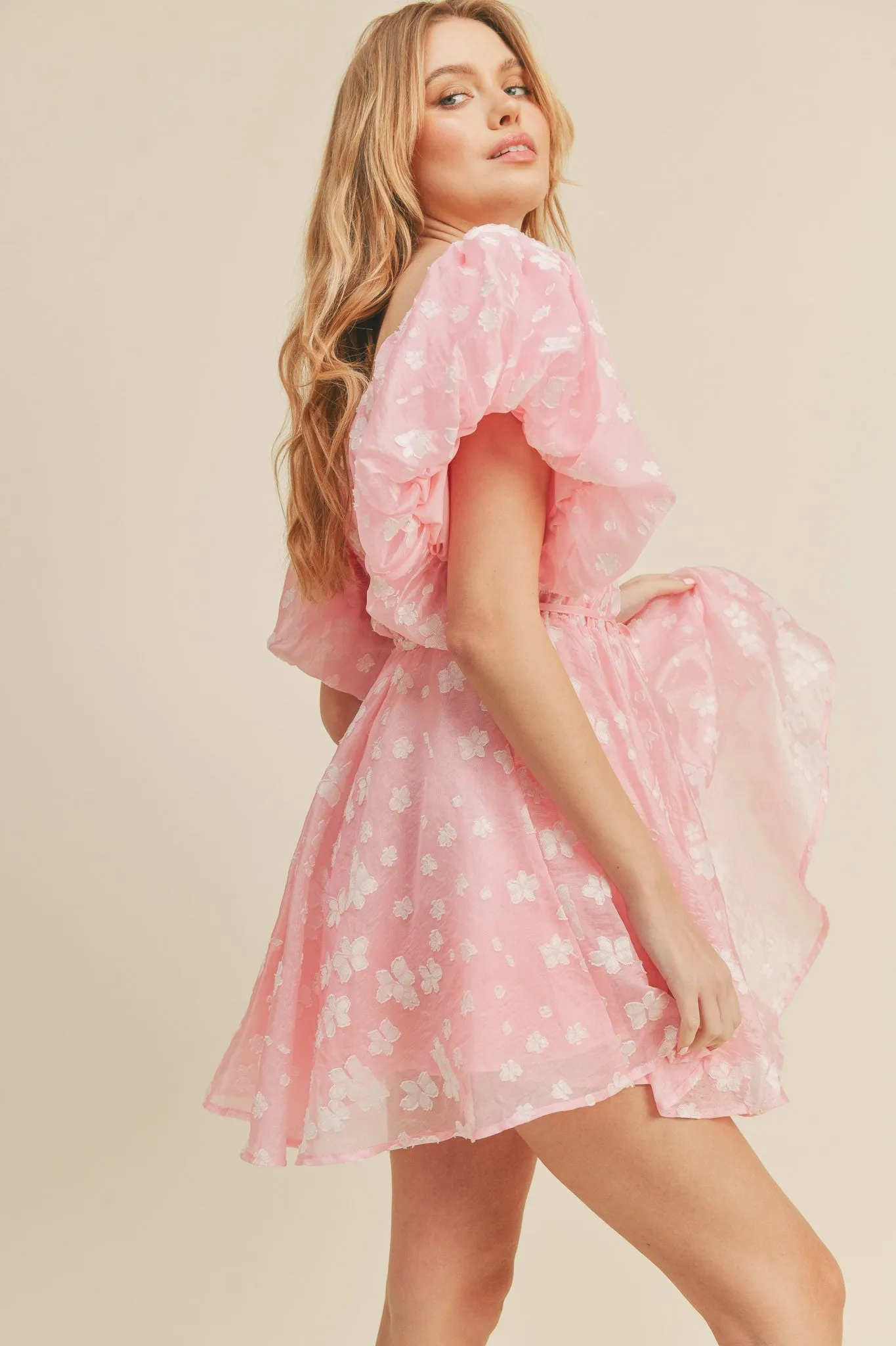 Pink Floral Bubble Sleeve Flared Mini Dress sold by Pinkblush product image thumbnail 2