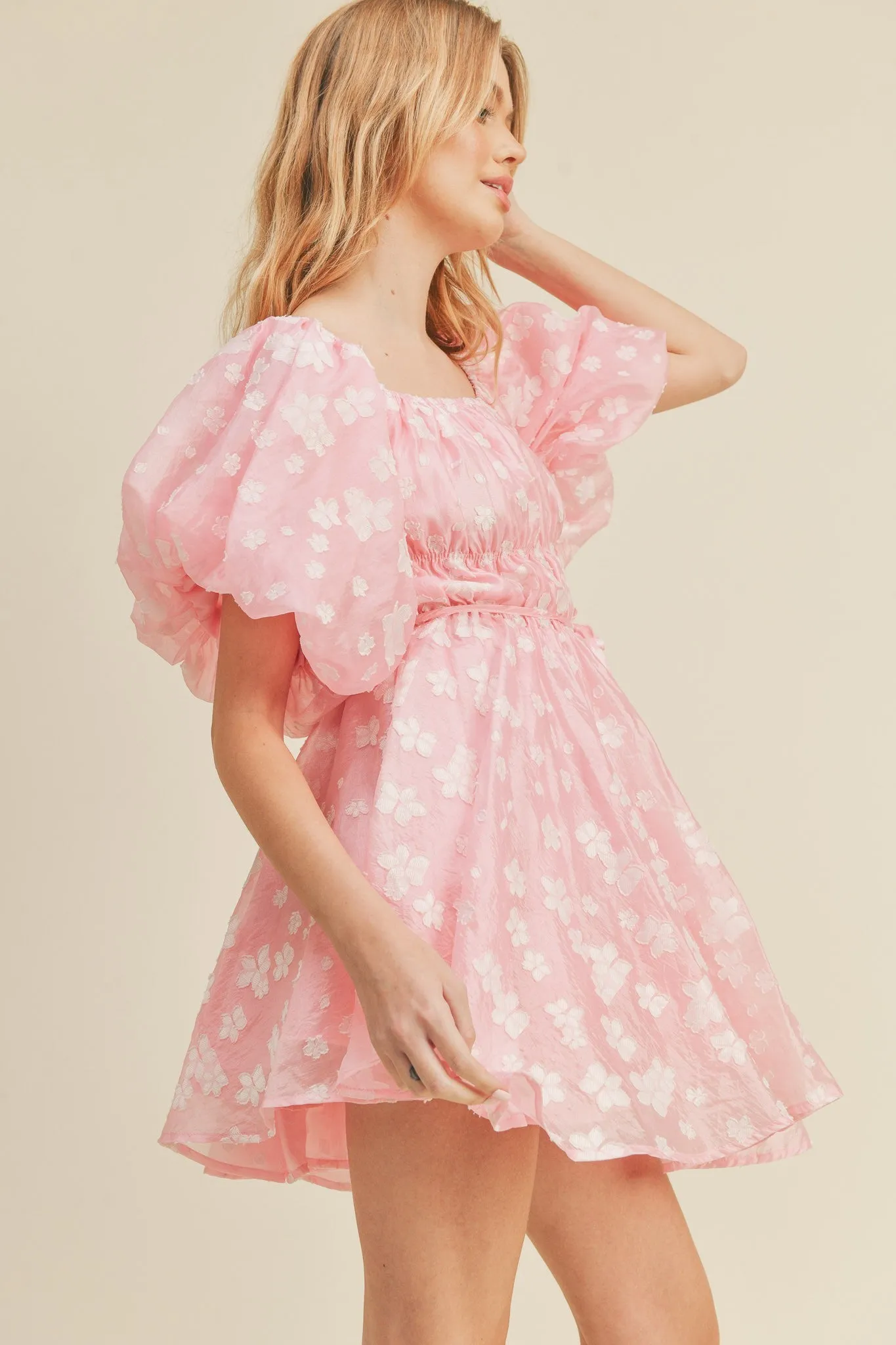 Pink Floral Bubble Sleeve Flared Mini Dress sold by Pinkblush product image thumbnail 3