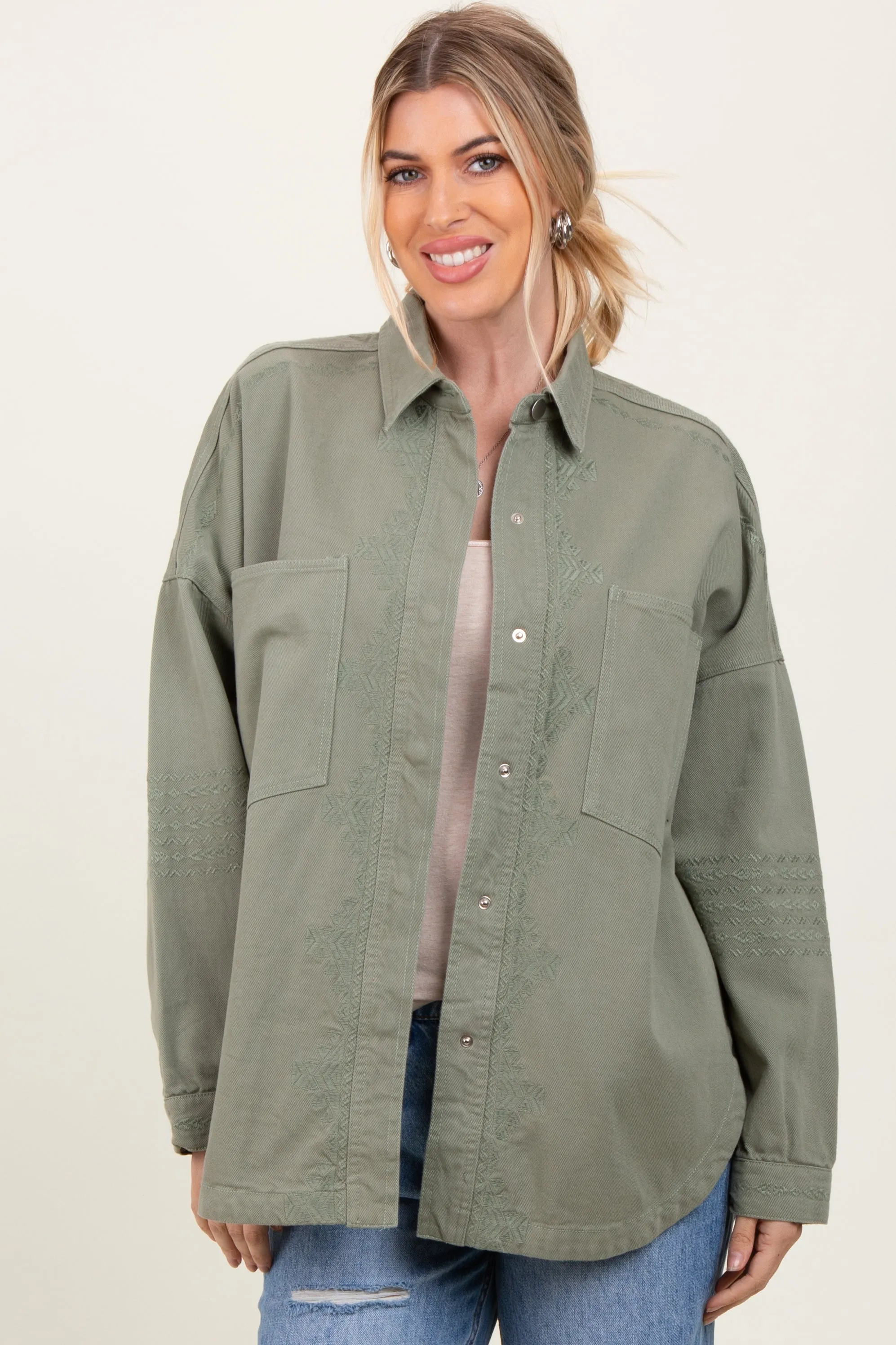 Light Olive Embroidered Snap Button Shirt Jacket sold by Pinkblush product image thumbnail 2