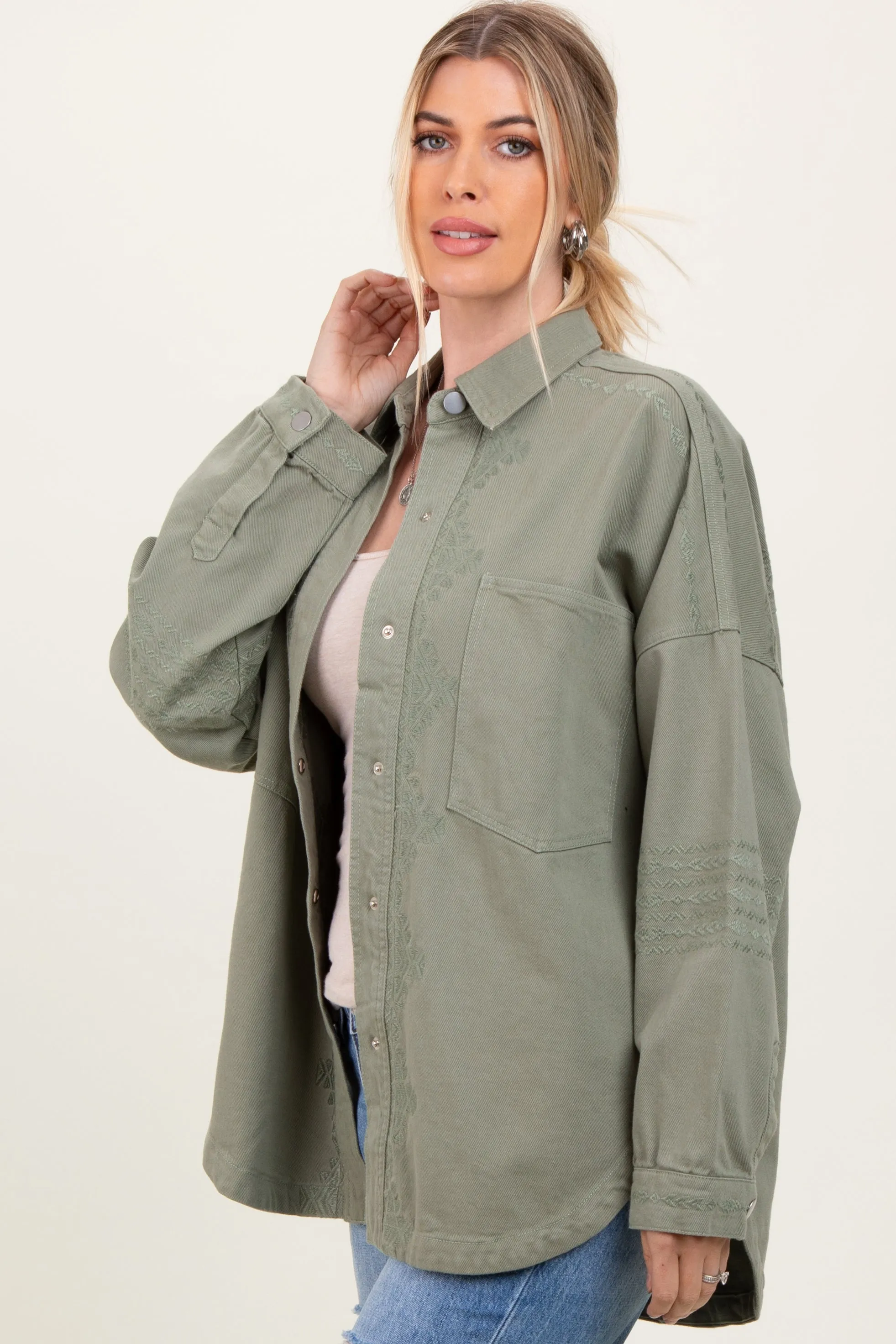 Light Olive Embroidered Snap Button Shirt Jacket sold by Pinkblush product image thumbnail 3