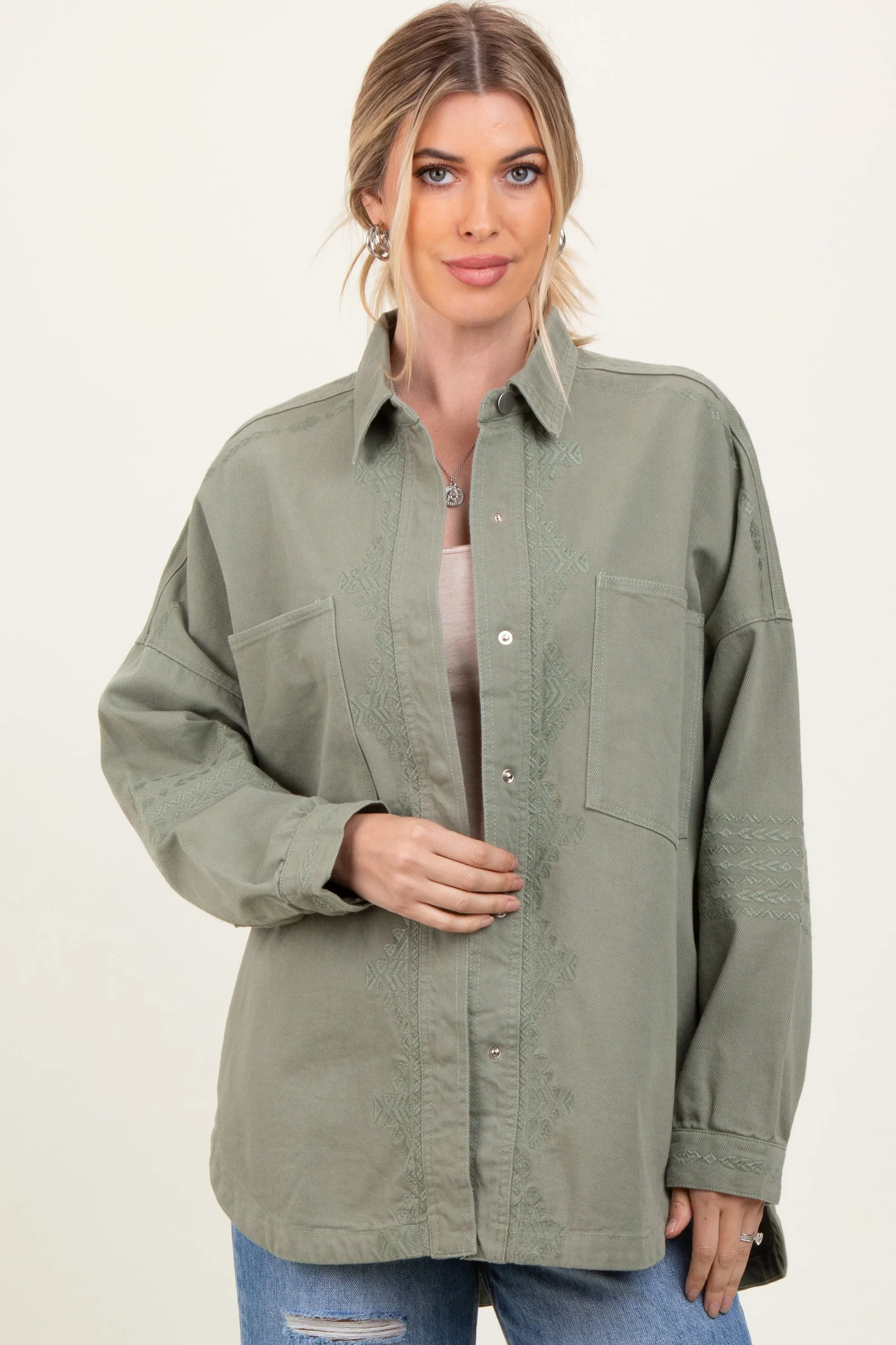 Light Olive Embroidered Snap Button Shirt Jacket sold by Pinkblush