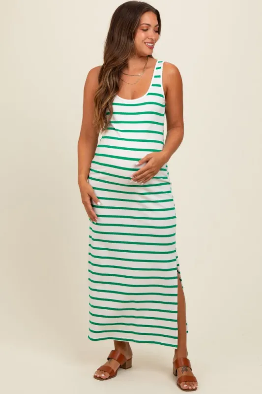 Green Striped Sleeveless Side Slit Maternity Maxi Dress sold by Pinkblush