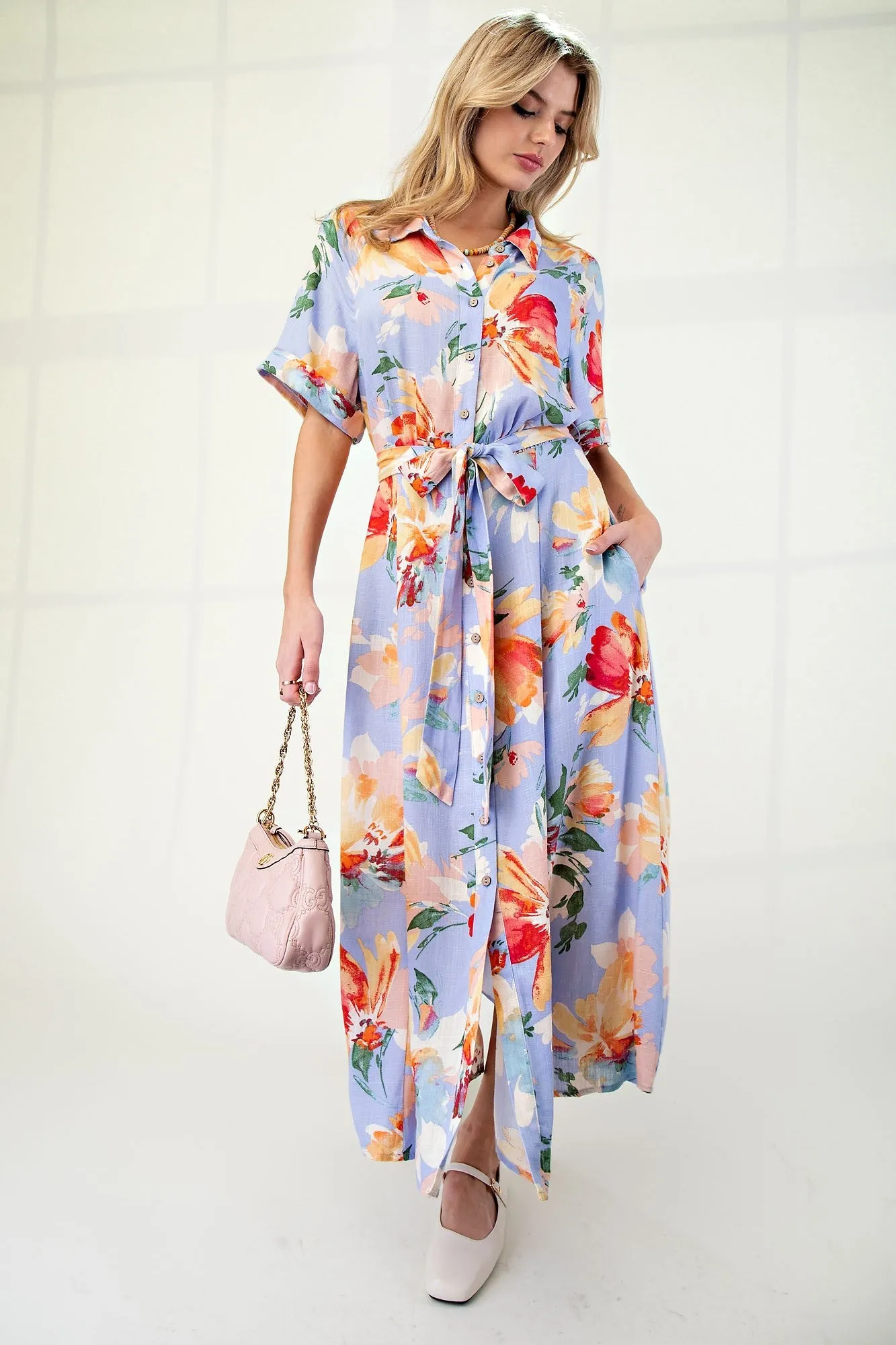 Periwinkle Floral Linen Blend Maternity Shirt Dress sold by Pinkblush product image thumbnail 3