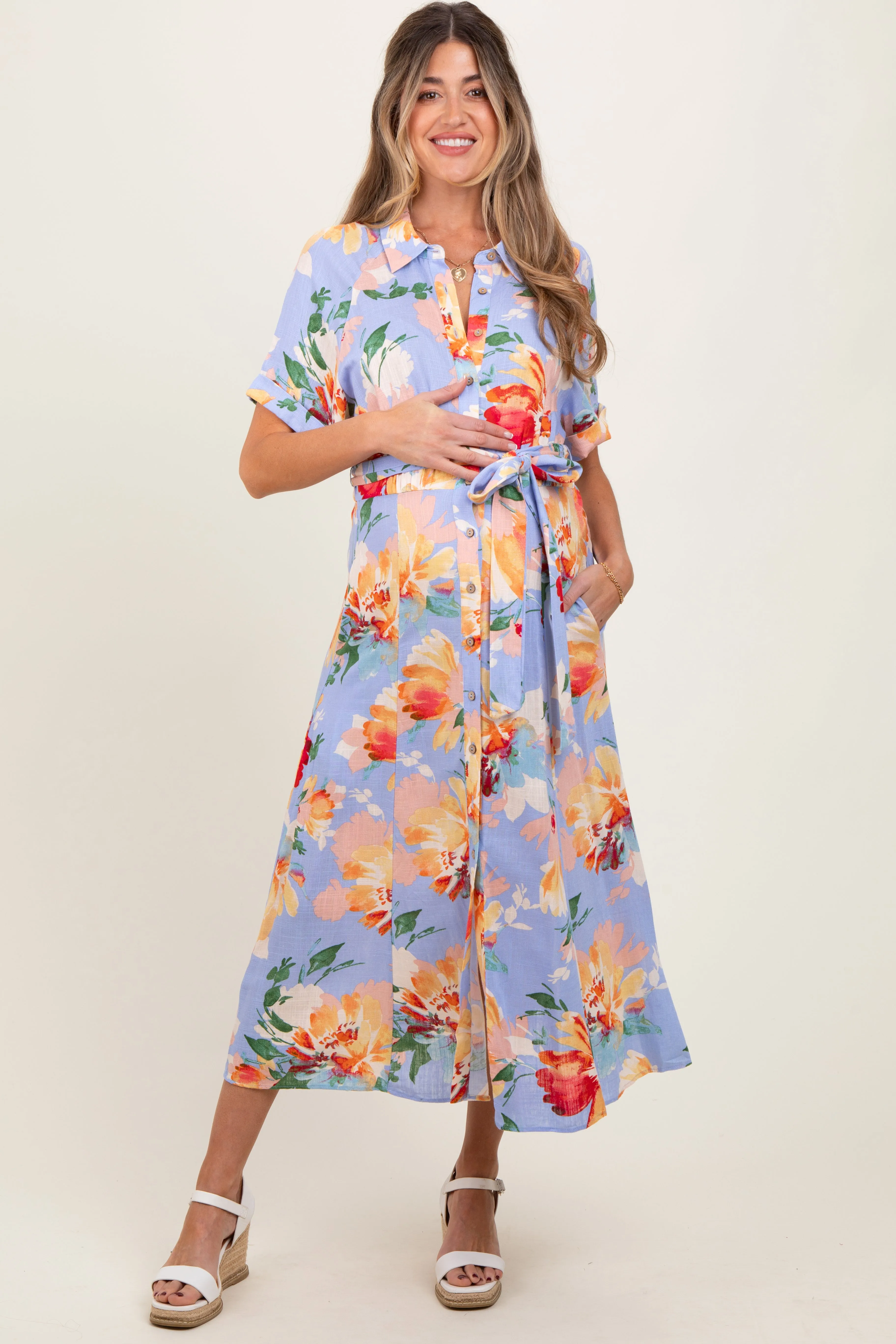 Periwinkle Floral Linen Blend Maternity Shirt Dress sold by Pinkblush