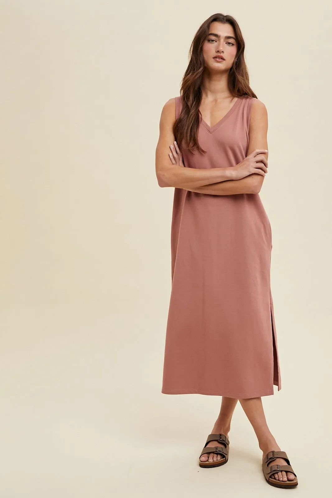 Rust V-Neck Sleeveless Side Slit Midi Dress sold by Pinkblush
