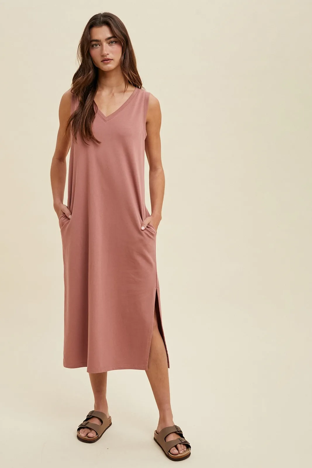 Rust V-Neck Sleeveless Side Slit Midi Dress sold by Pinkblush product image thumbnail 2