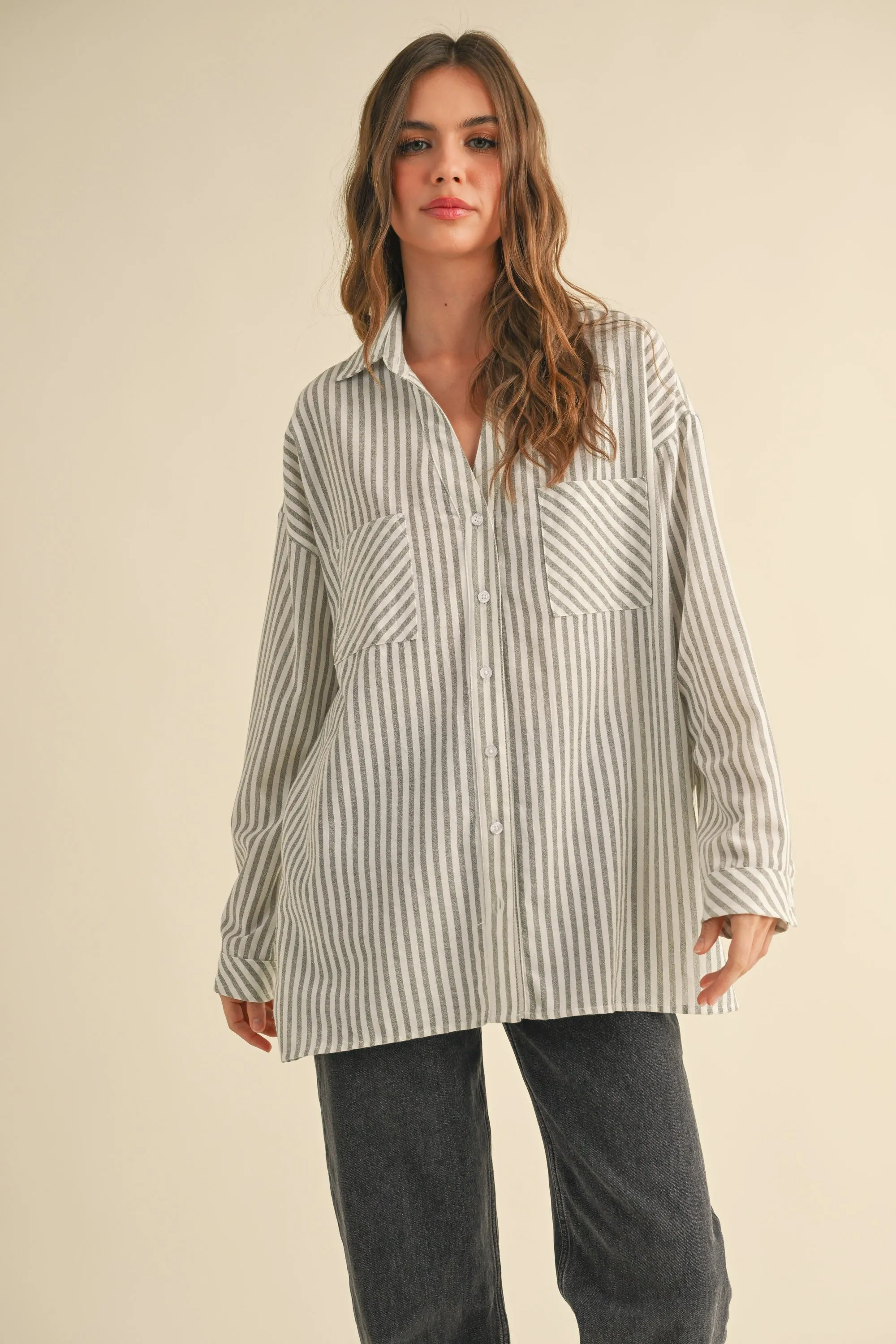 Olive Striped Double Pocket Button Down Top sold by Pinkblush