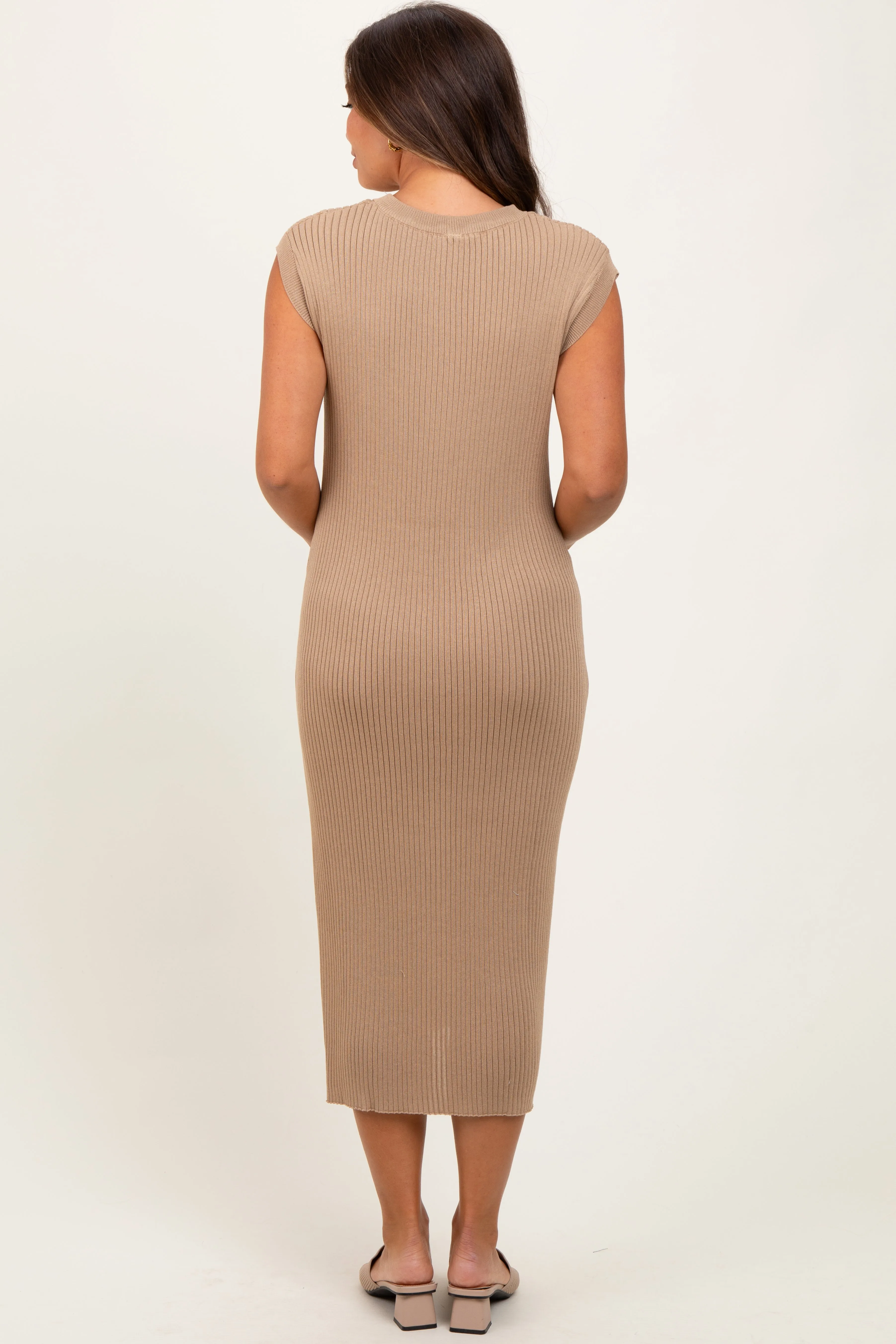 Mocha Ribbed Knit Button Up Sleeveless Maternity Midi Dress sold by Pinkblush product image thumbnail 4