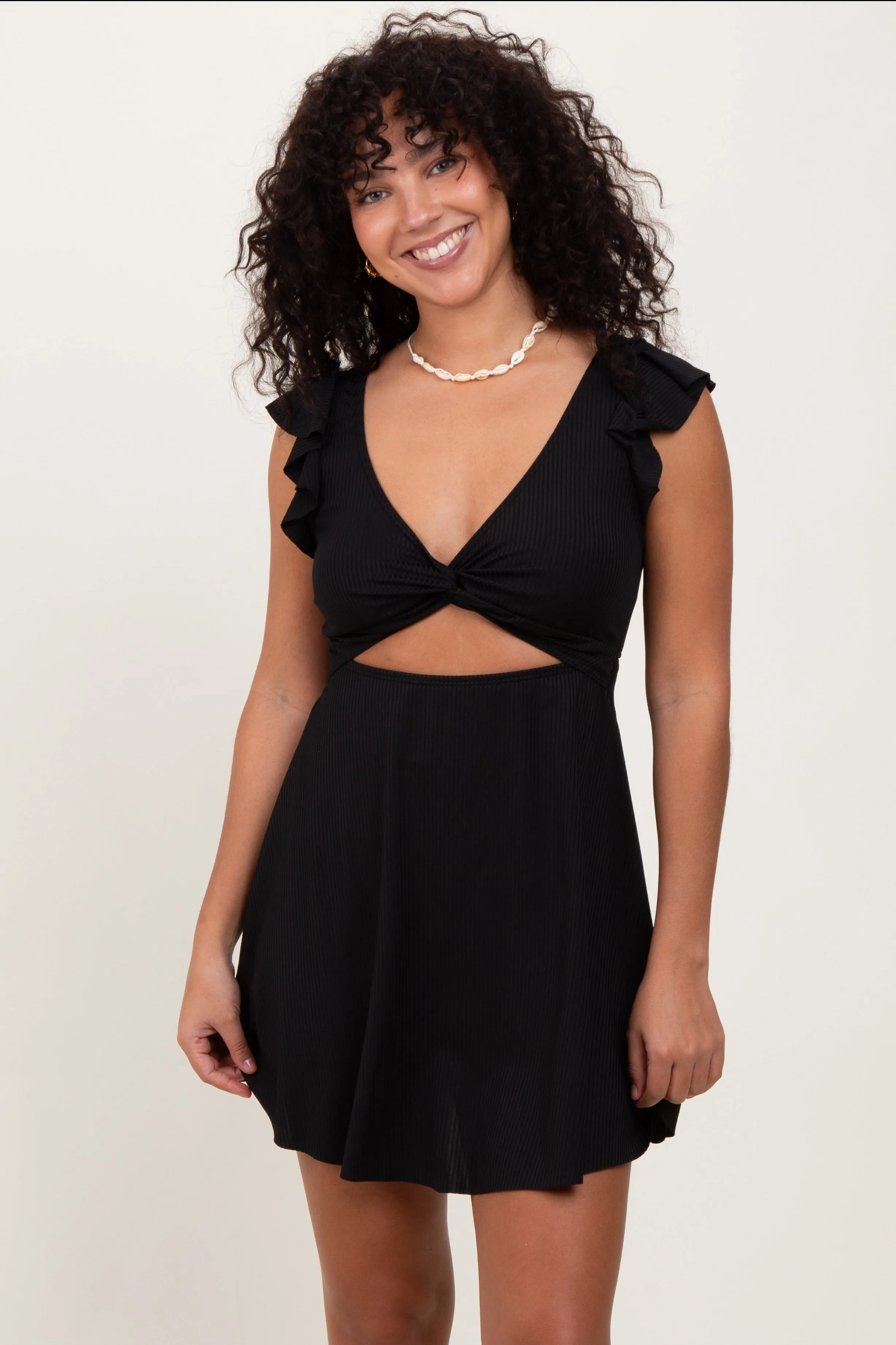 Black Ribbed Ruffle Twist Front Swim Dress sold by Pinkblush