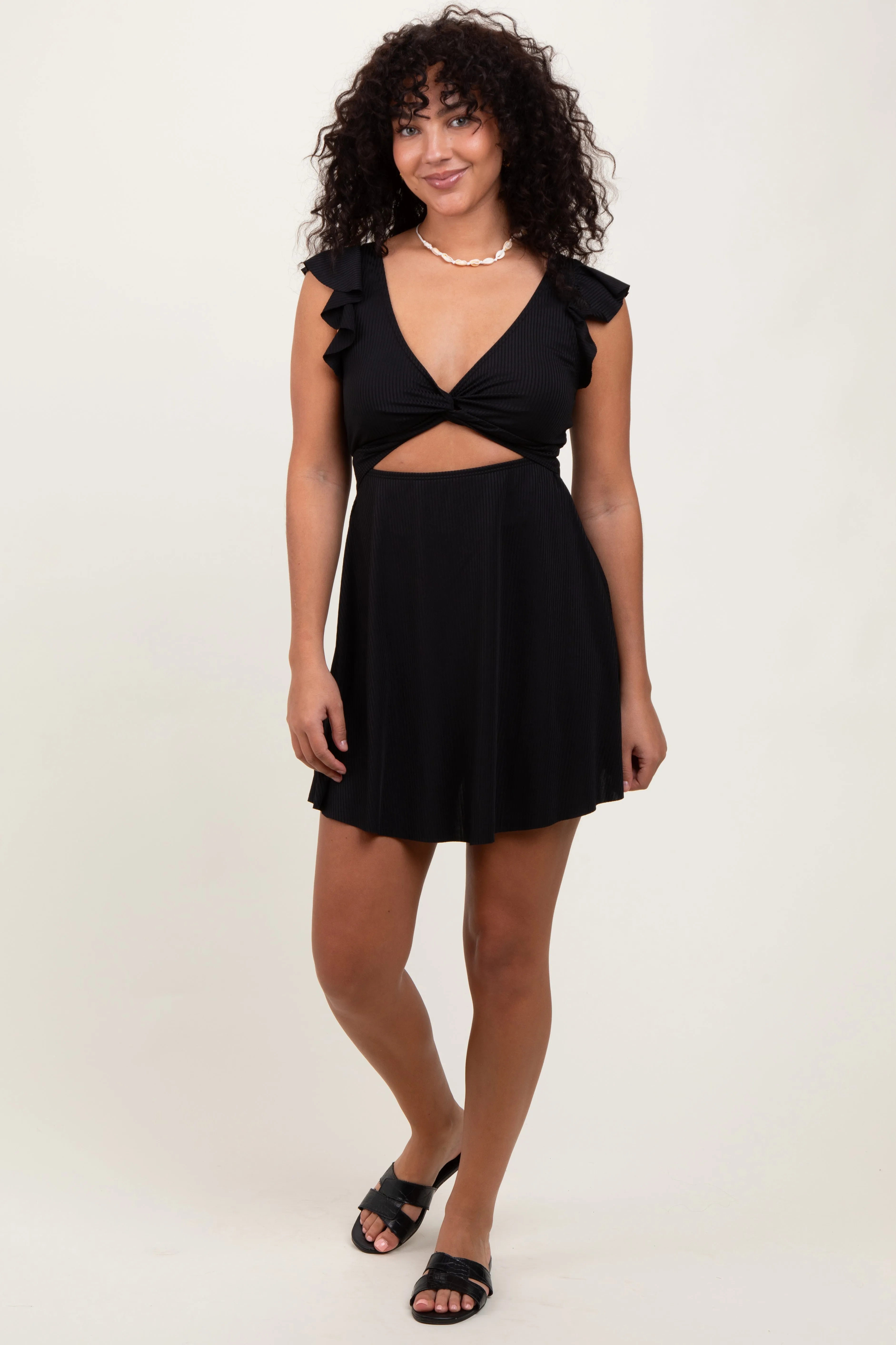 Black Ribbed Ruffle Twist Front Swim Dress sold by Pinkblush product image thumbnail 2
