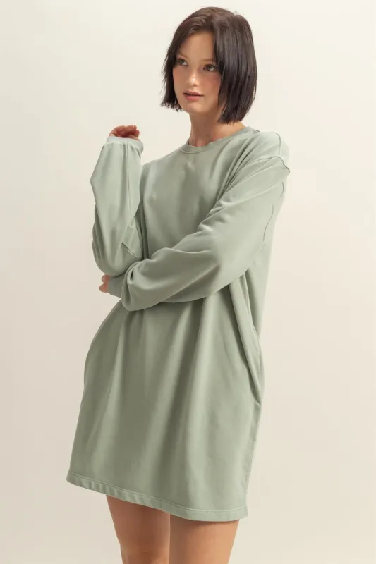 Sage Long Sleeve Oversized Sweatshirt Mini Dress sold by Pinkblush