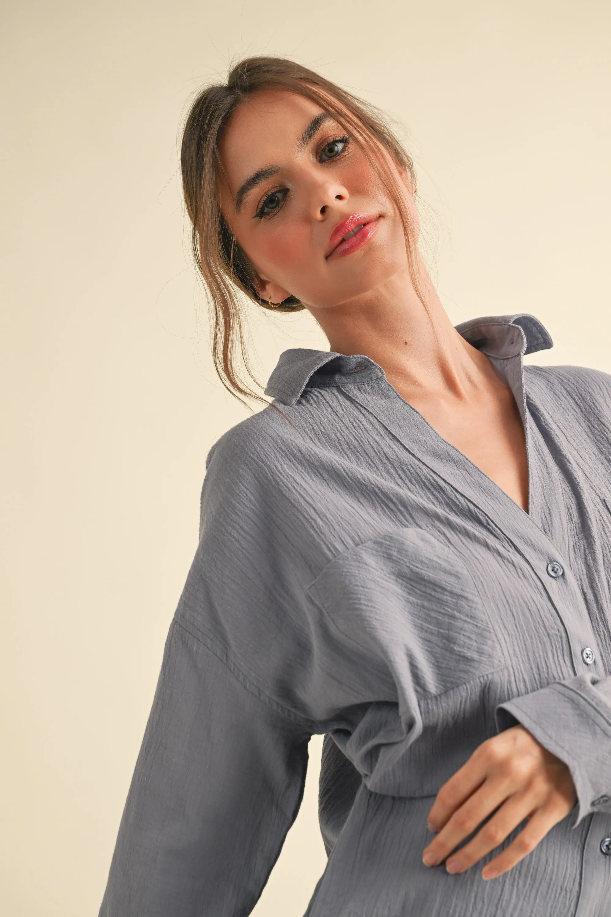 Blue Cotton Gauze Oversized Button Down Shirt sold by Pinkblush product image thumbnail 5