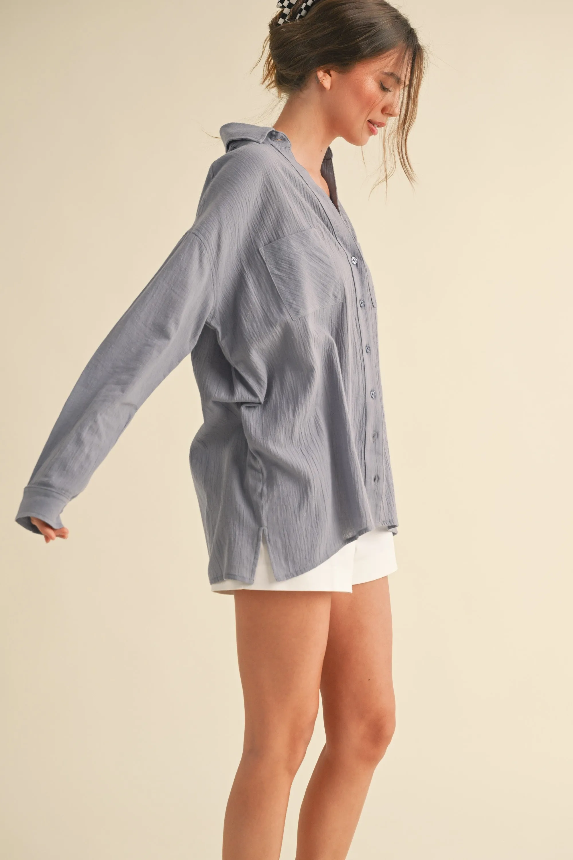 Blue Cotton Gauze Oversized Button Down Shirt sold by Pinkblush product image thumbnail 2