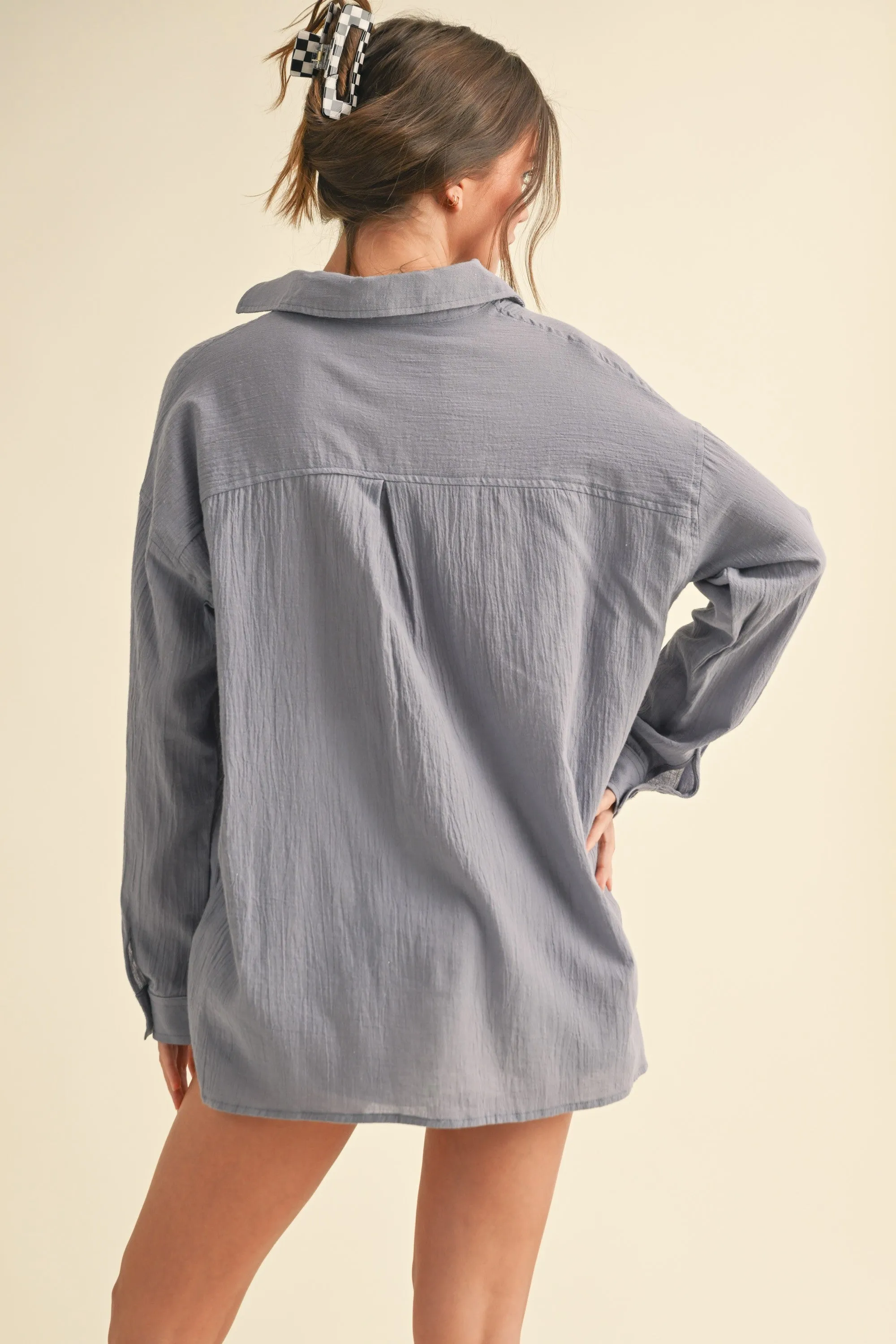 Blue Cotton Gauze Oversized Button Down Shirt sold by Pinkblush product image thumbnail 3