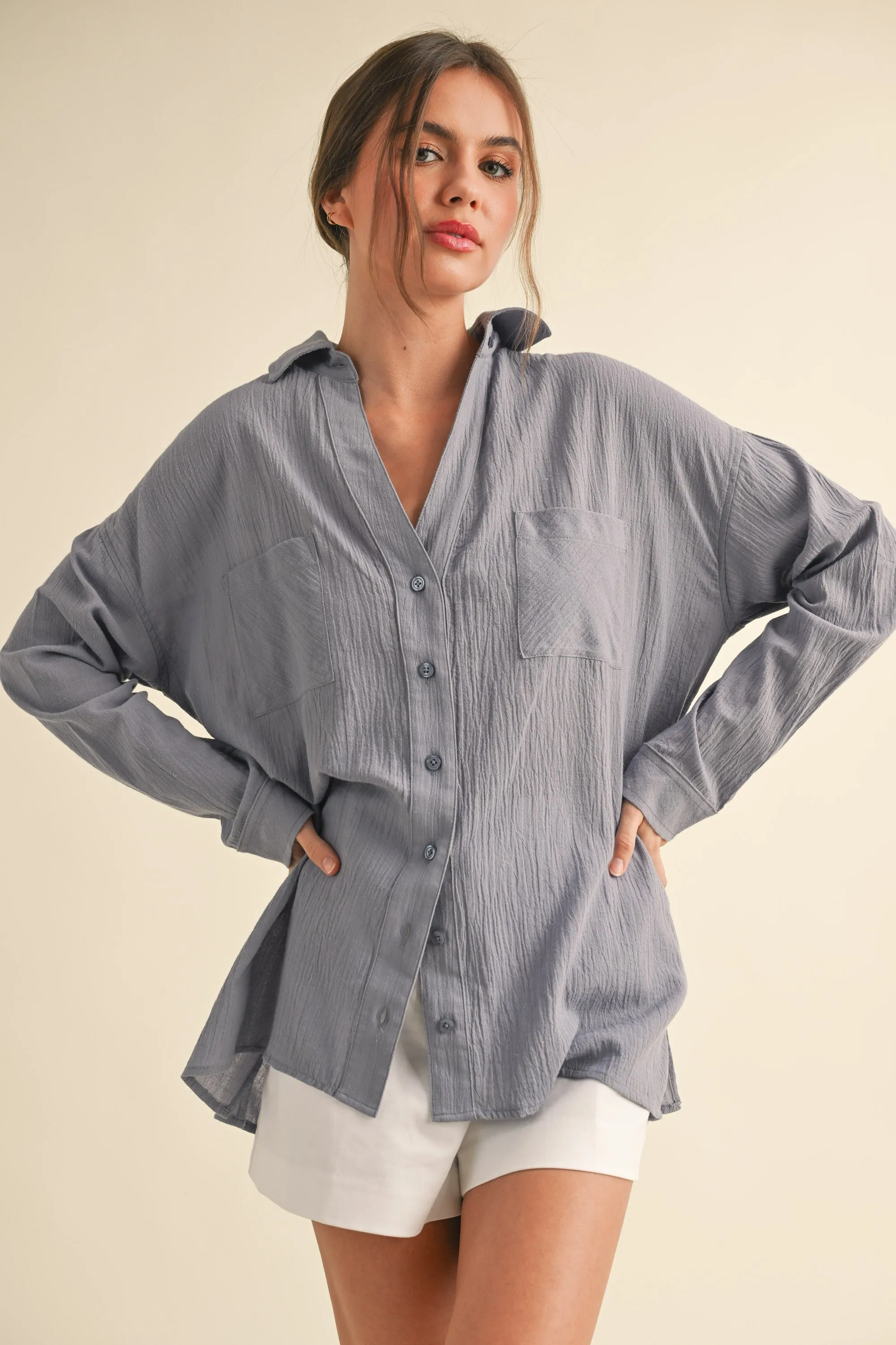 Blue Cotton Gauze Oversized Button Down Shirt sold by Pinkblush