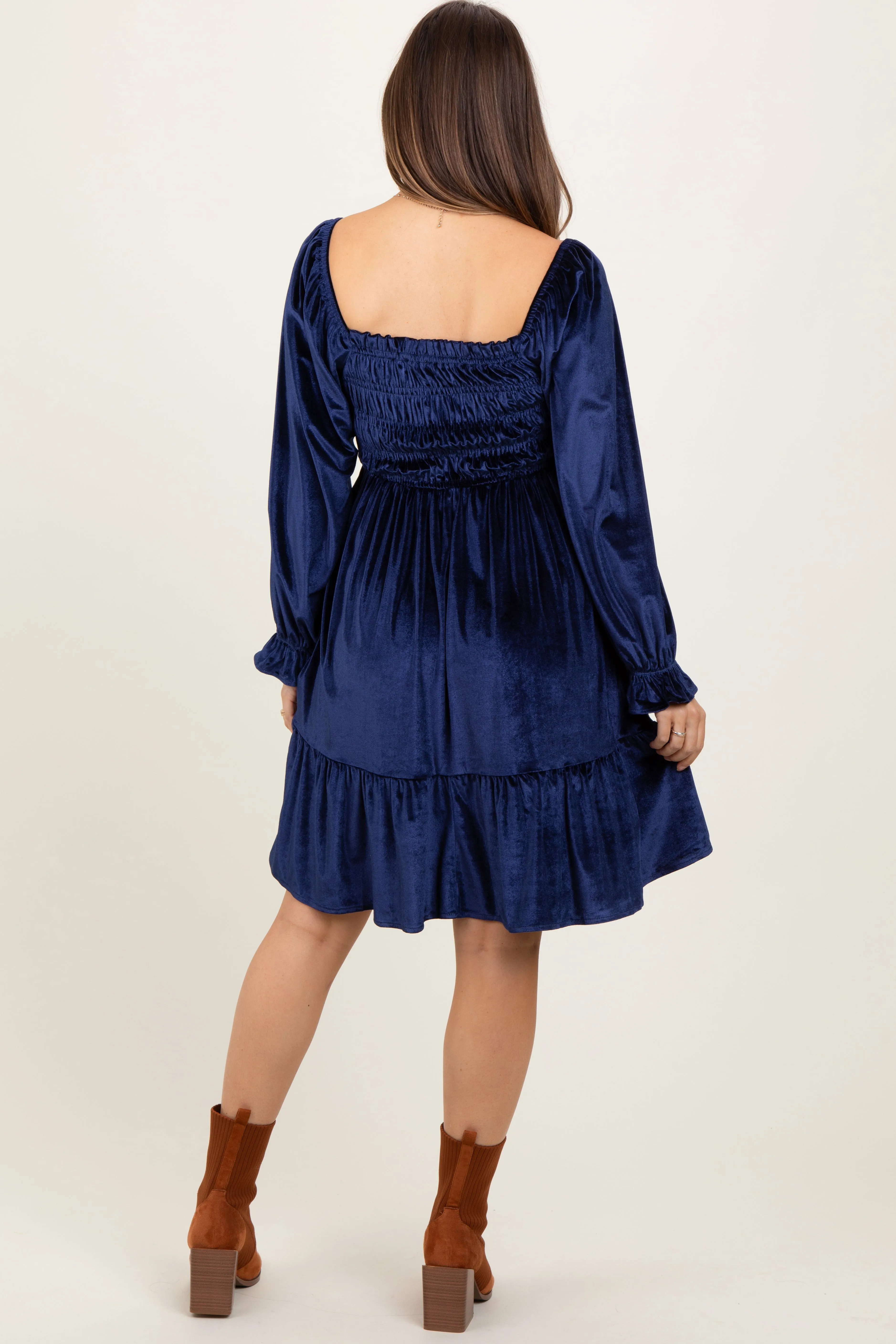 Navy Velvet Smocked Long Sleeve Maternity Dress sold by Pinkblush product image thumbnail 3