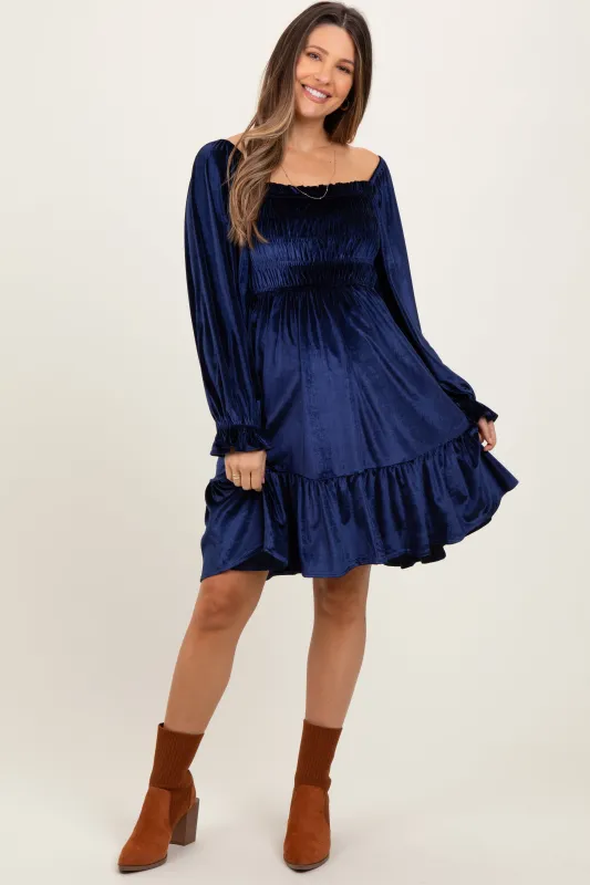 Navy Velvet Smocked Long Sleeve Maternity Dress sold by Pinkblush