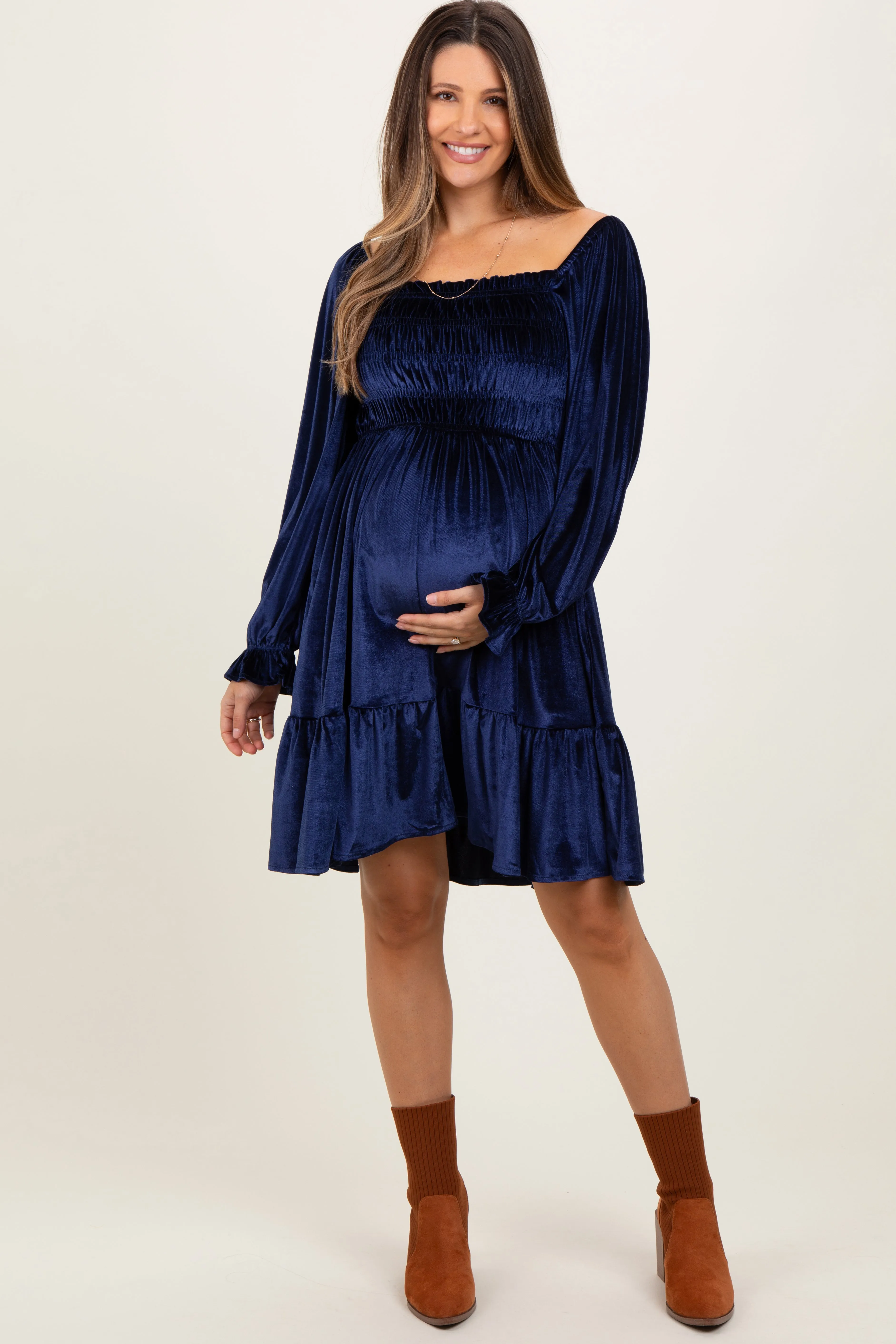 Navy Velvet Smocked Long Sleeve Maternity Dress sold by Pinkblush product image thumbnail 2