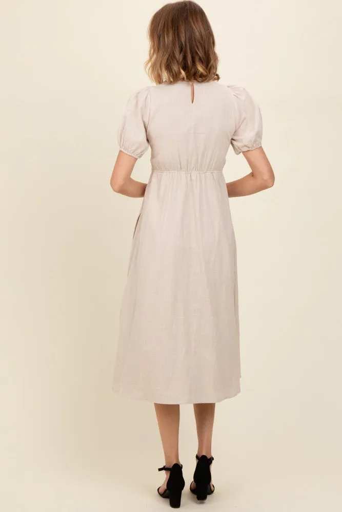 Beige Smocked V-Neck Puff Sleeve Midi Dress sold by Pinkblush product image thumbnail 3