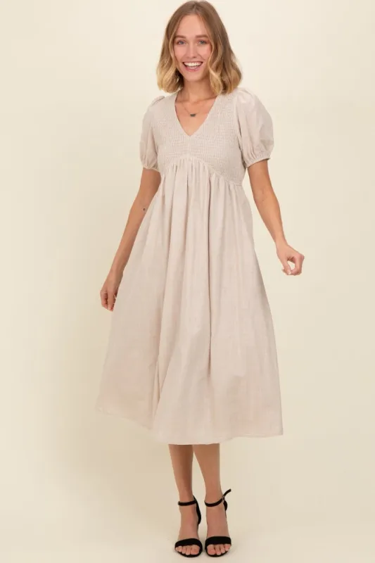 Beige Smocked V-Neck Puff Sleeve Midi Dress sold by Pinkblush