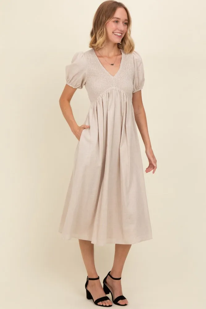 Beige Smocked V-Neck Puff Sleeve Midi Dress sold by Pinkblush product image thumbnail 2