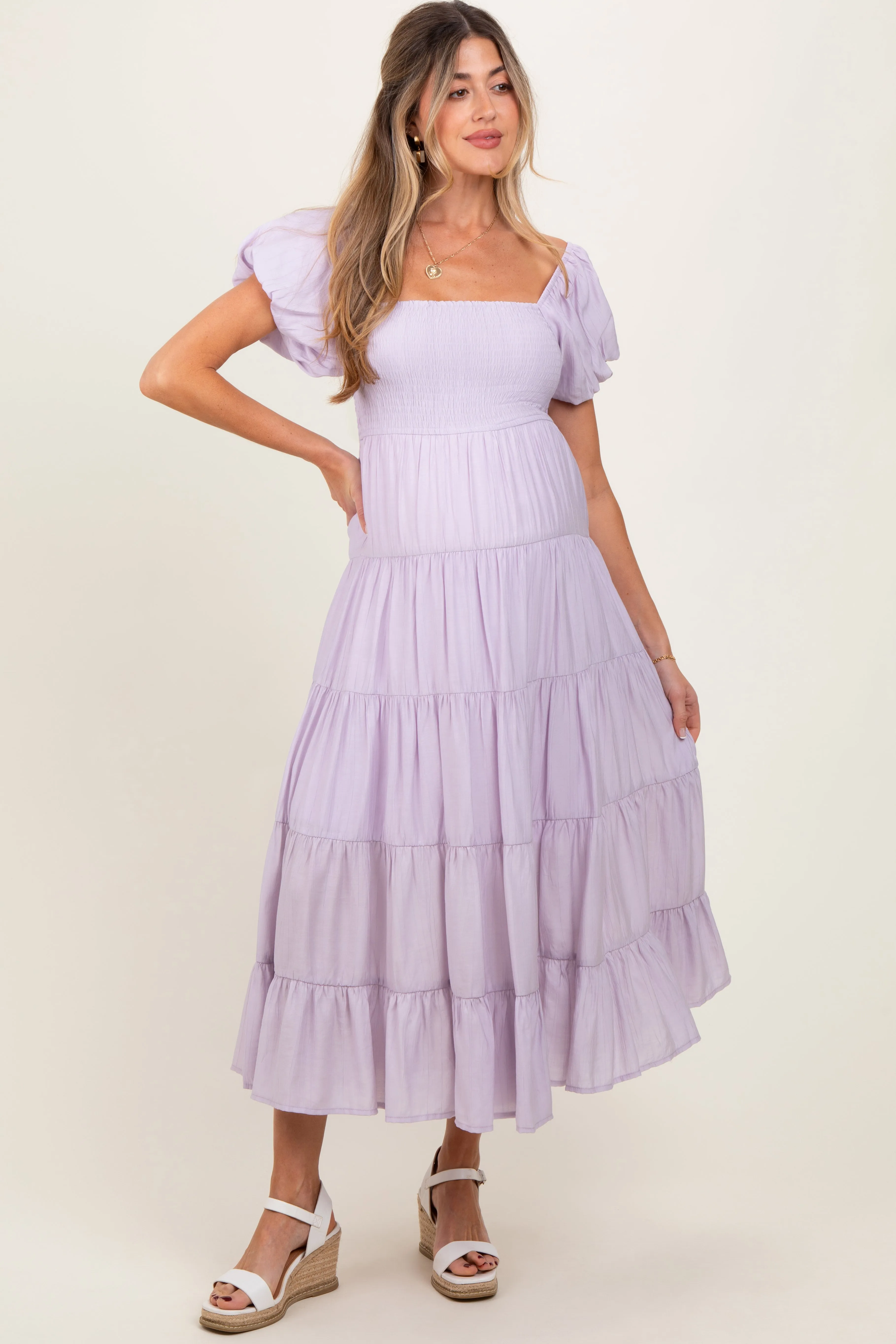 Lavender Smocked Puff Sleeve Tiered Maternity Maxi Dress sold by Pinkblush