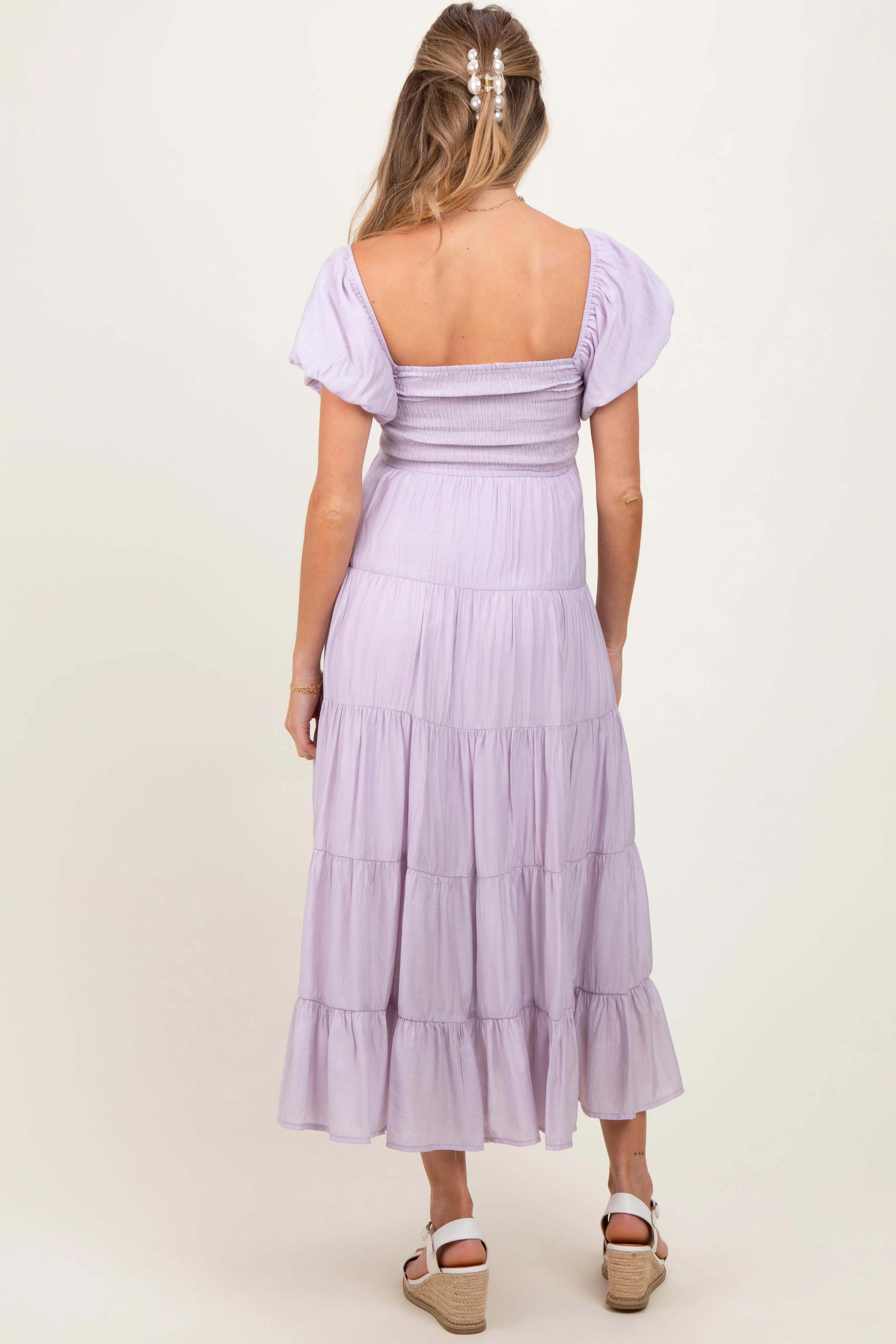 Lavender Smocked Puff Sleeve Tiered Maternity Maxi Dress sold by Pinkblush product image thumbnail 3
